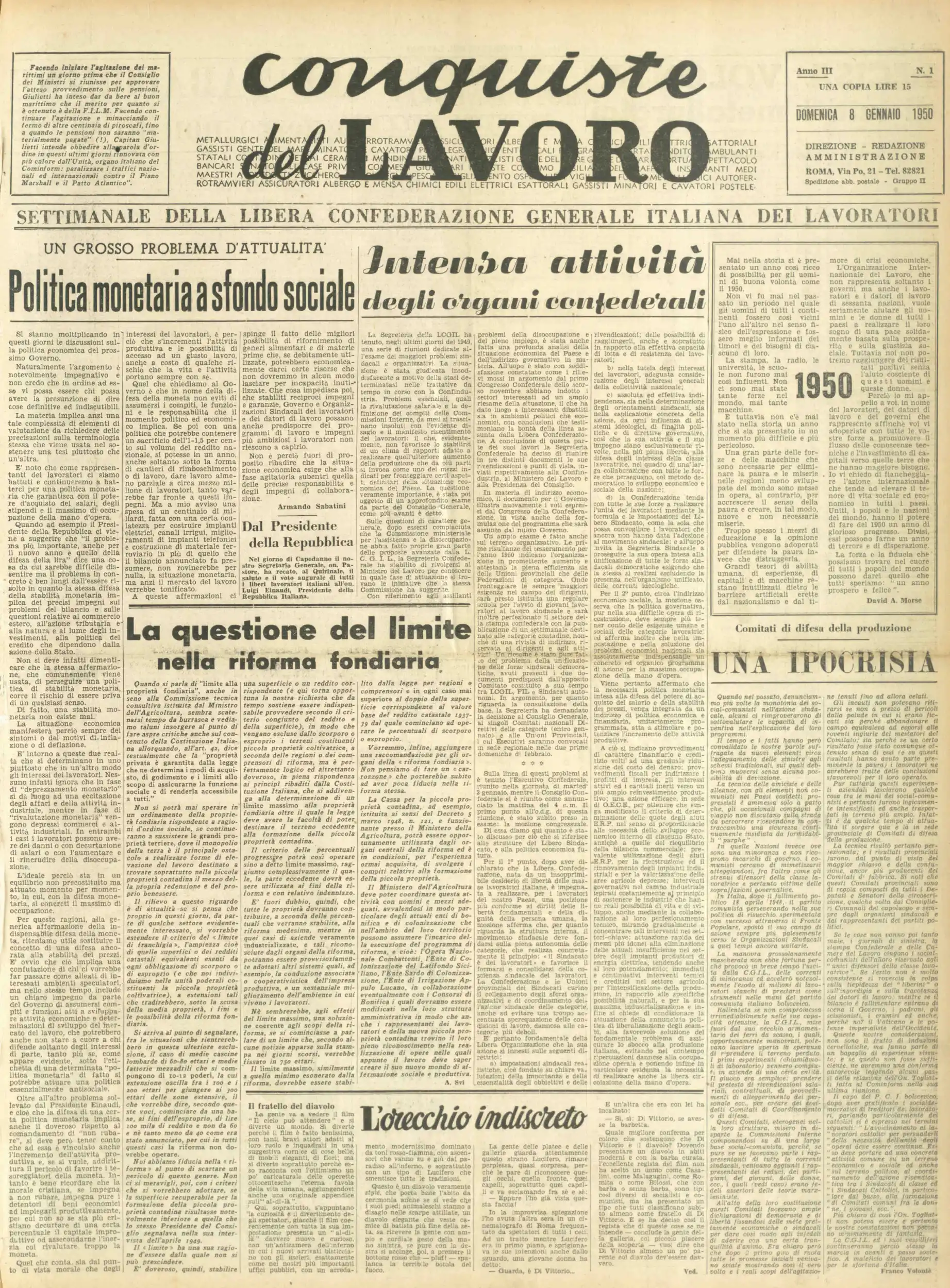 Conquiste del Lavoro del 08/01/1950 N. 1 Anno 3