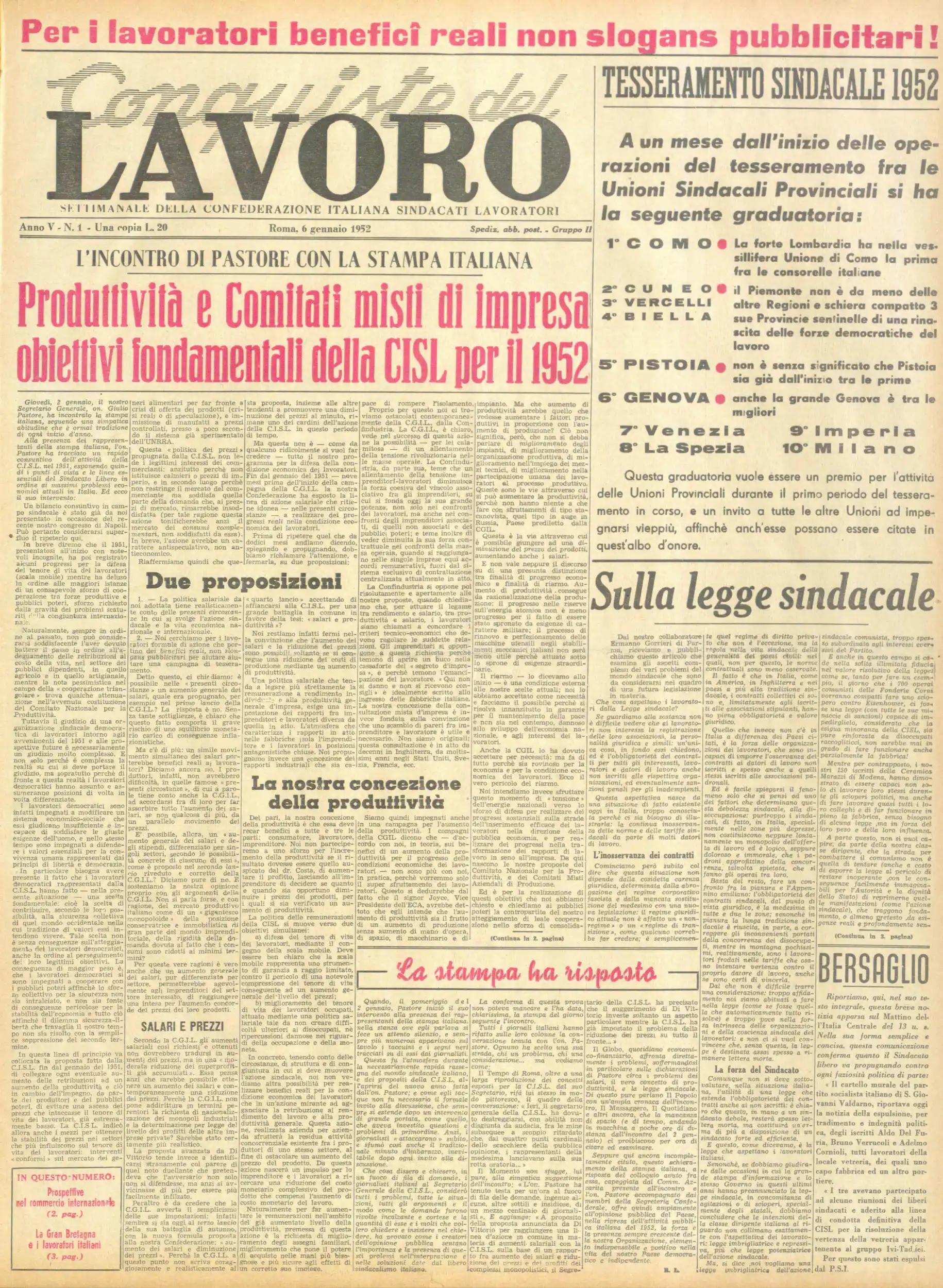 Conquiste del Lavoro del 06/01/1952 N. 1 Anno 5