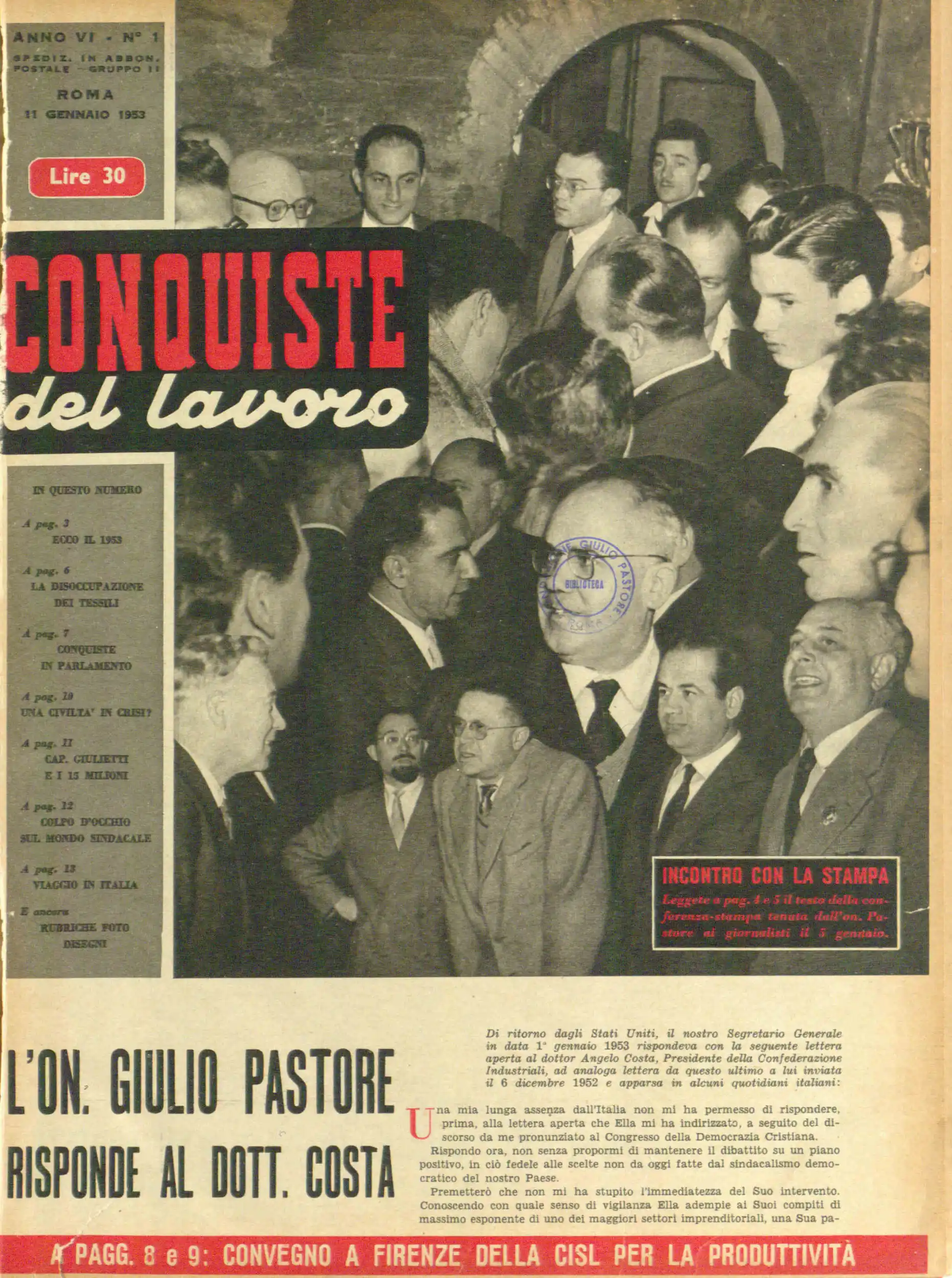 Conquiste del Lavoro del 11/01/1953 N. 1 Anno 6