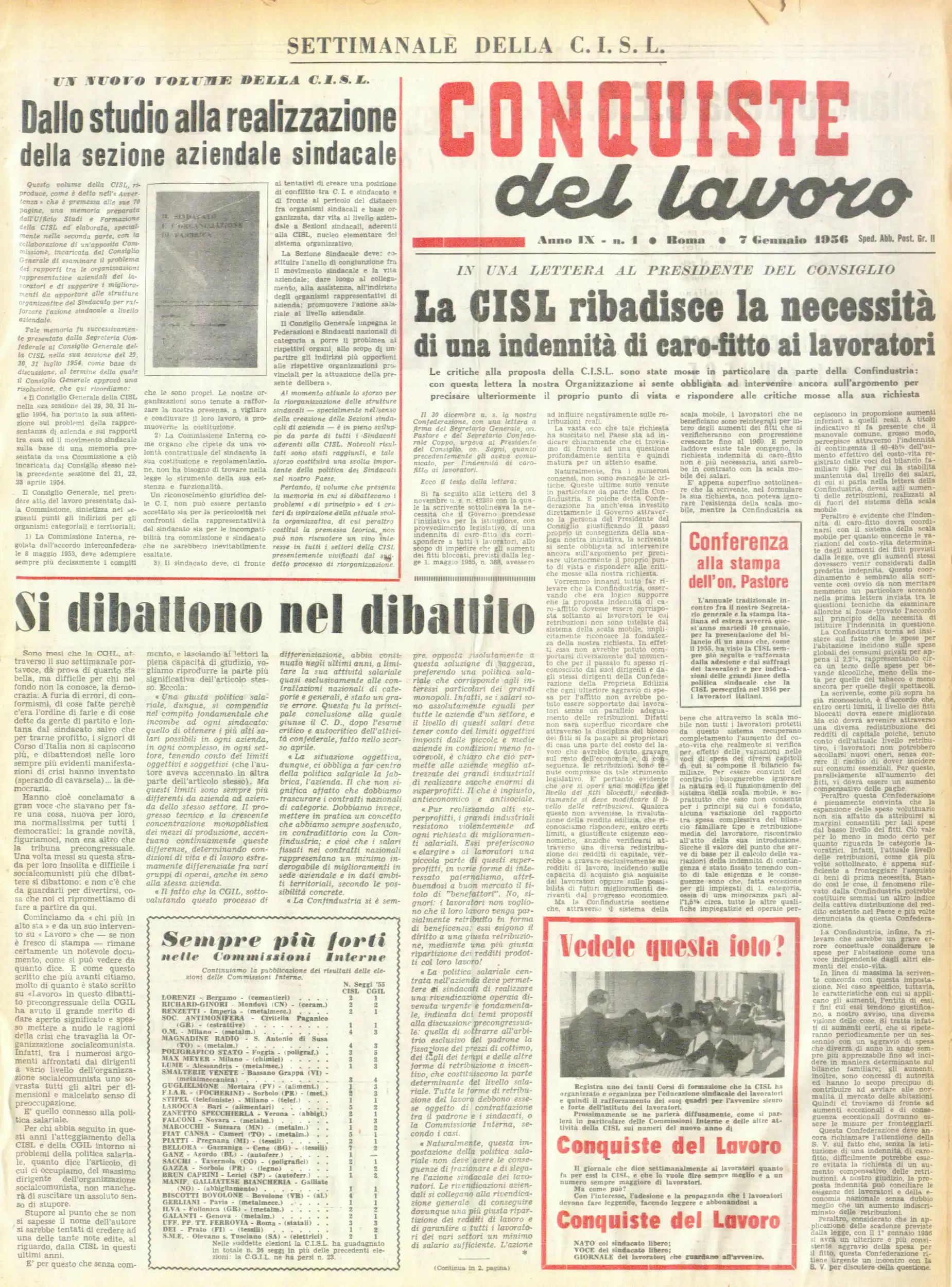 Conquiste del Lavoro del 07/01/1956 N. 1 Anno 9