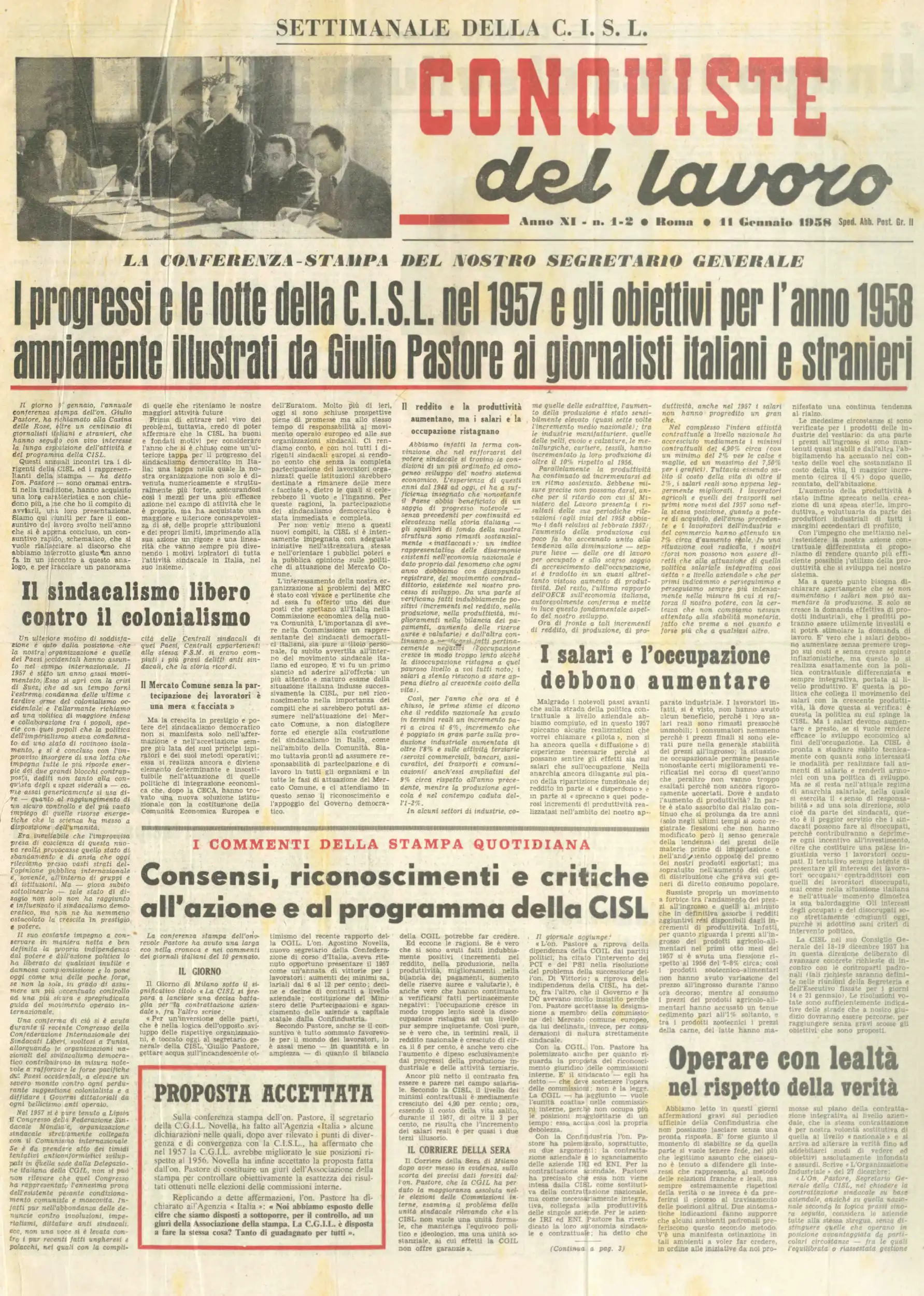 Conquiste del Lavoro del 11/01/1958 N. 1-2 Anno 11