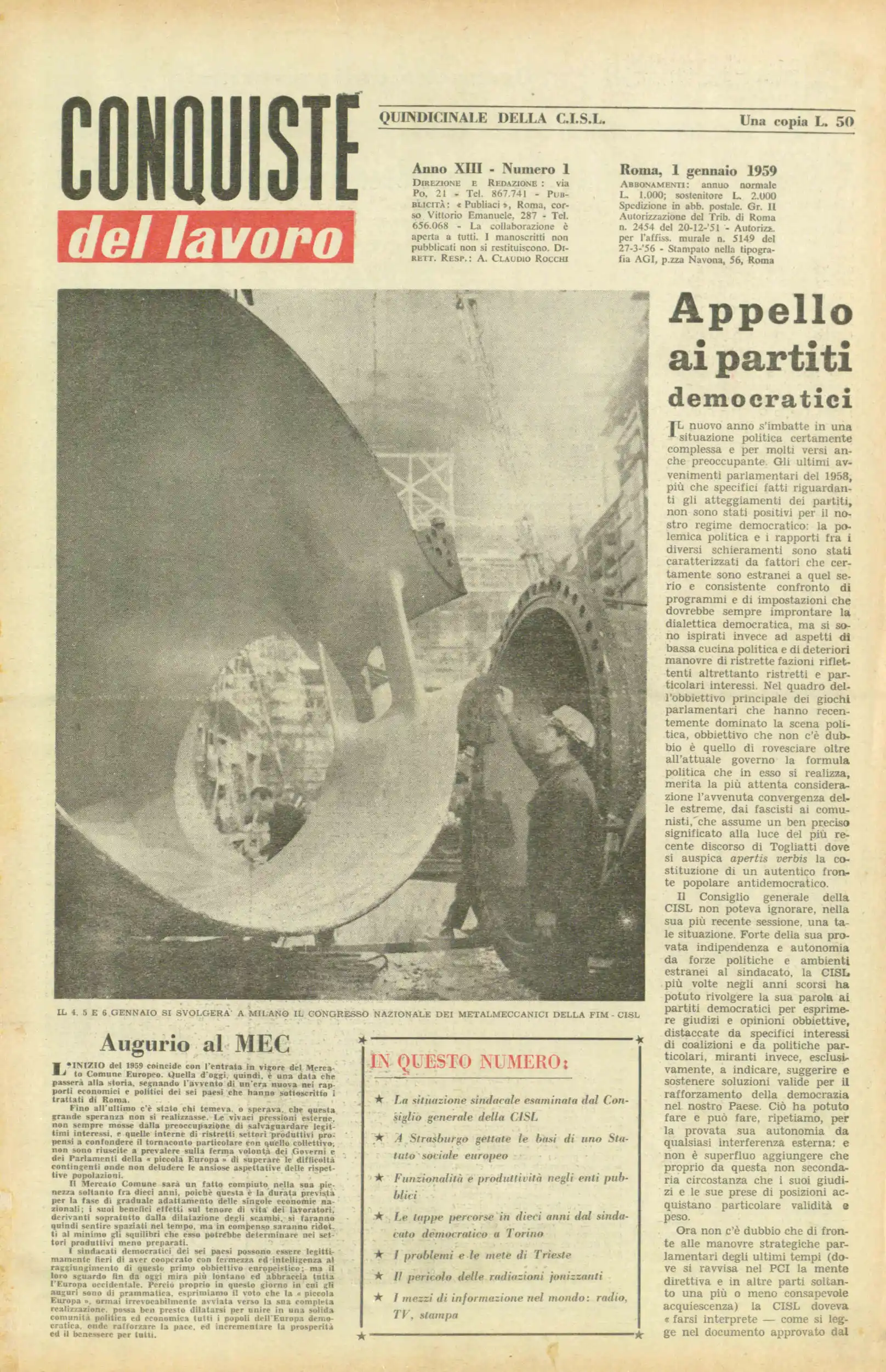 Conquiste del Lavoro del 01/01/1959 N. 1 Anno 12