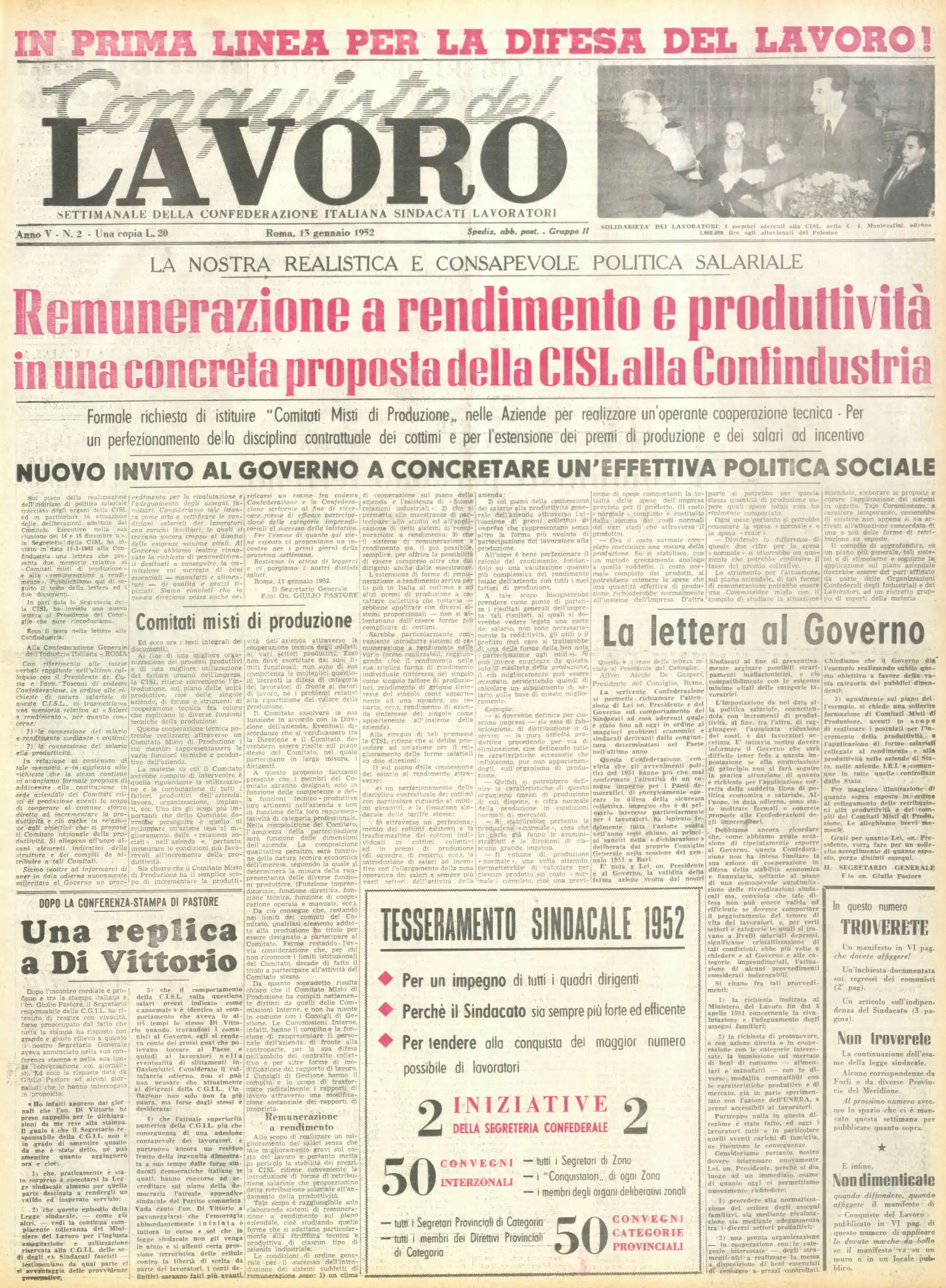 Conquiste del Lavoro del 13/01/1952 N. 2 Anno 5