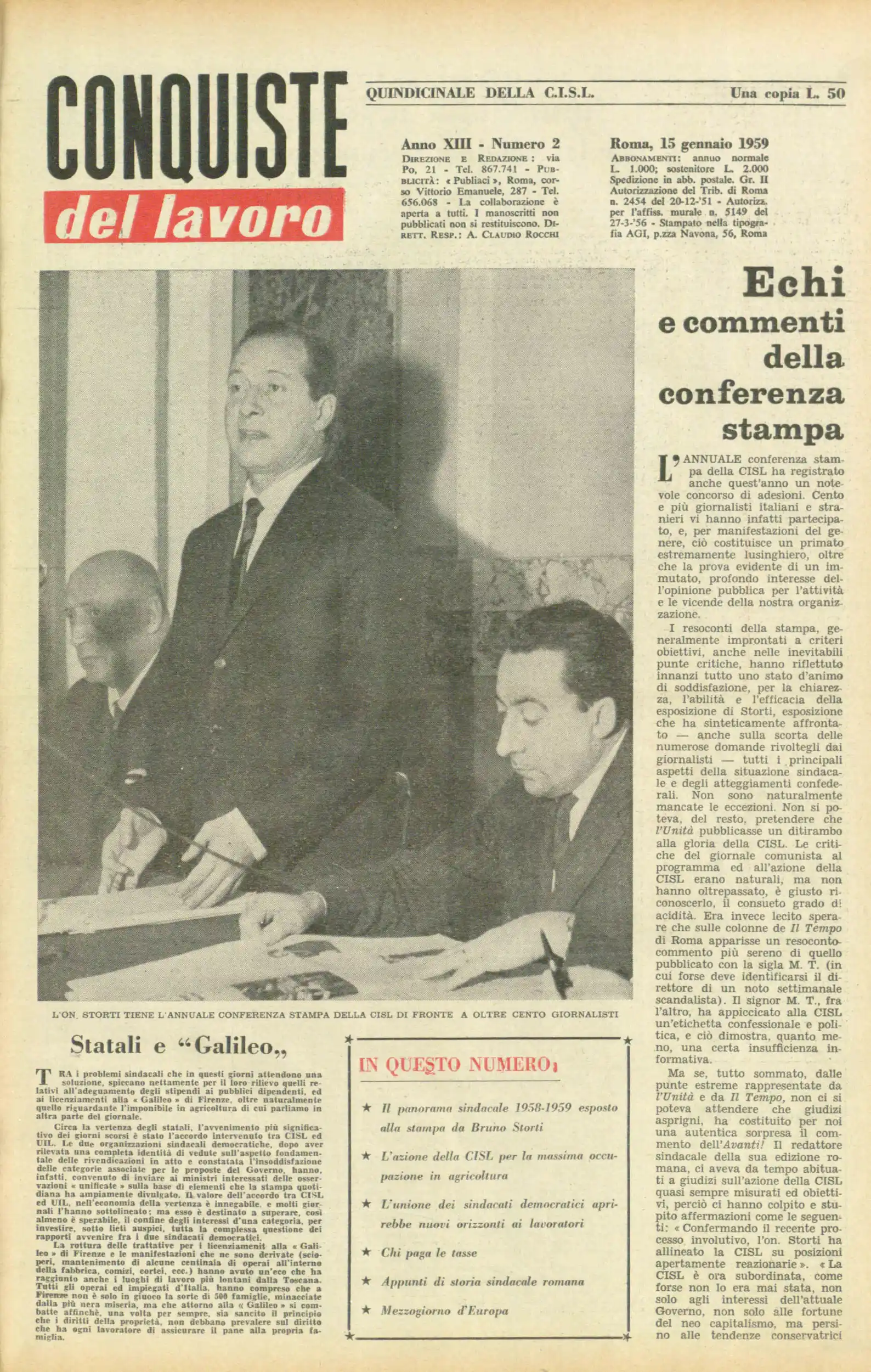 Conquiste del Lavoro del 15/01/1959 N. 2 Anno 12