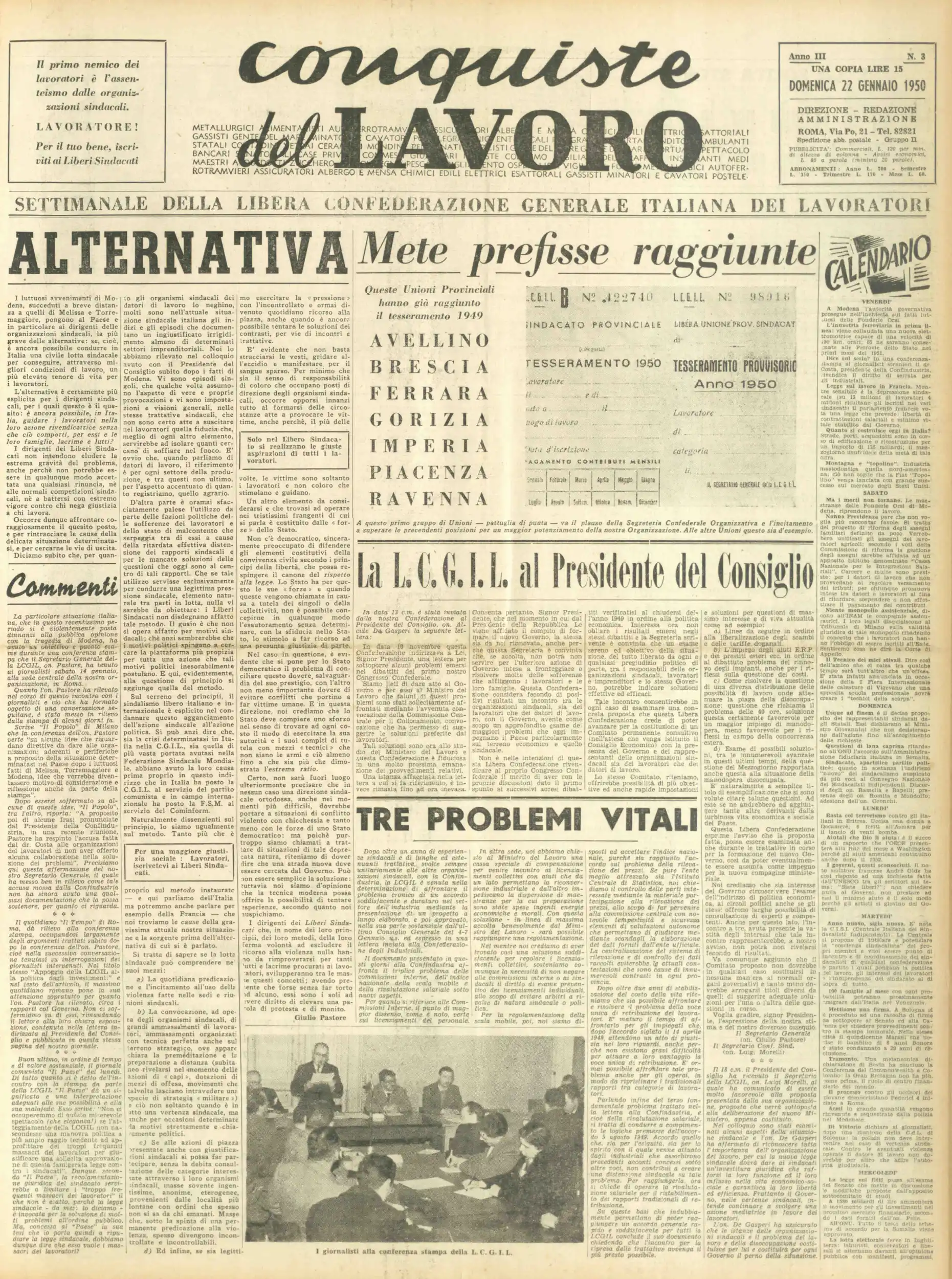 Conquiste del Lavoro del 22/01/1950 N. 3 Anno 3