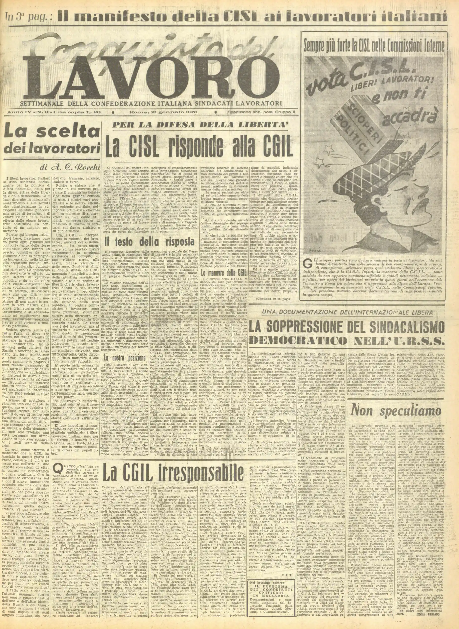 Conquiste del Lavoro del 21/01/1951 N. 3 Anno 4