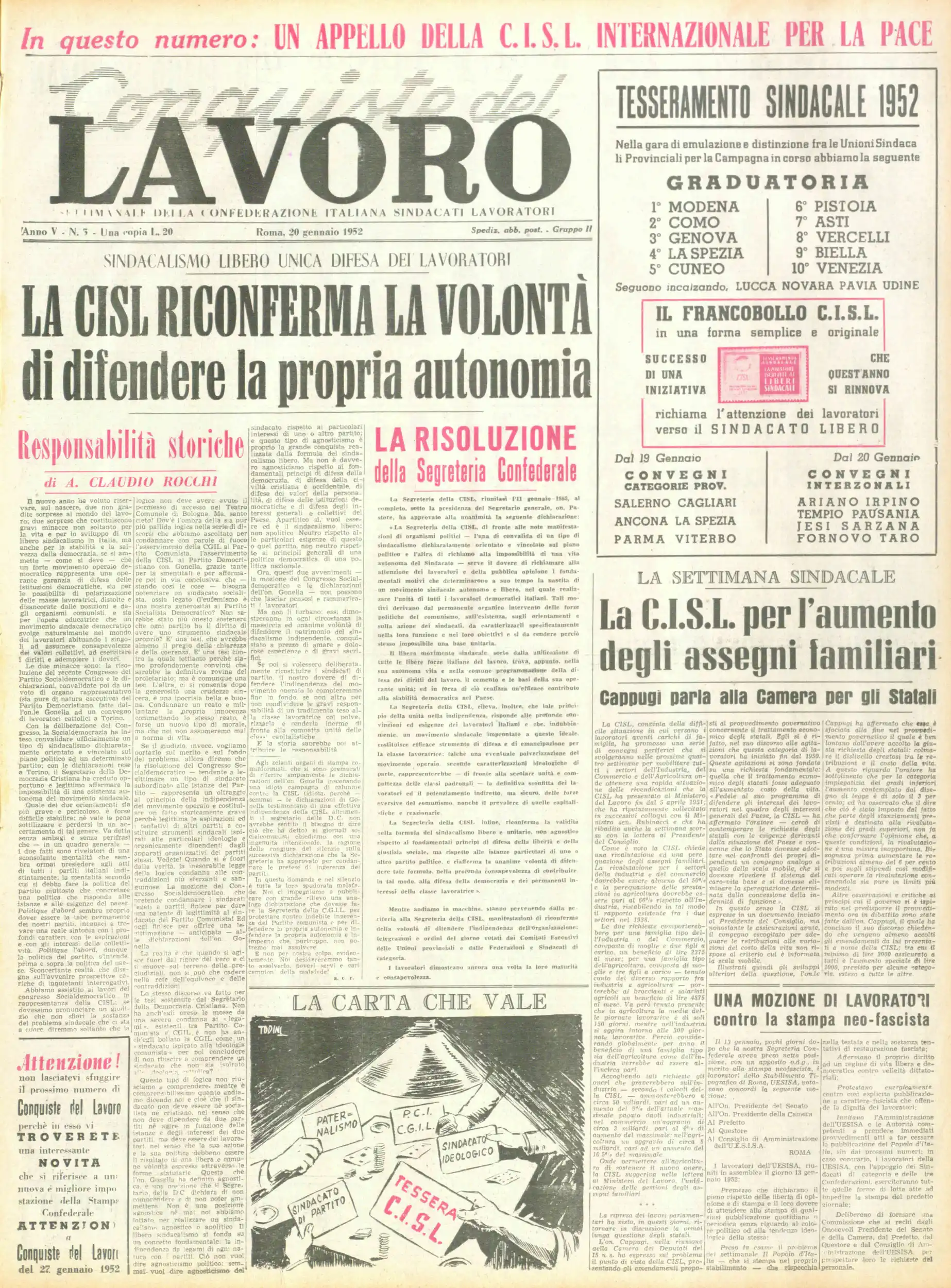 Conquiste del Lavoro del 20/01/1952 N. 3 Anno 5