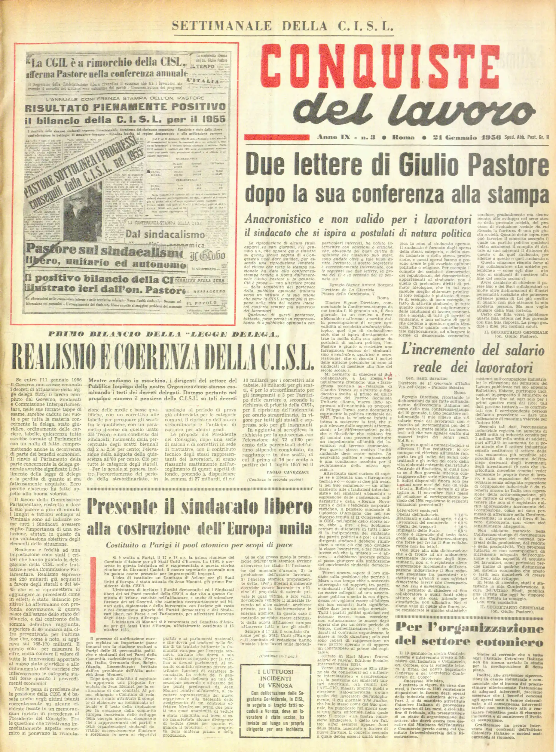 Conquiste del Lavoro del 21/01/1956 N. 3 Anno 9