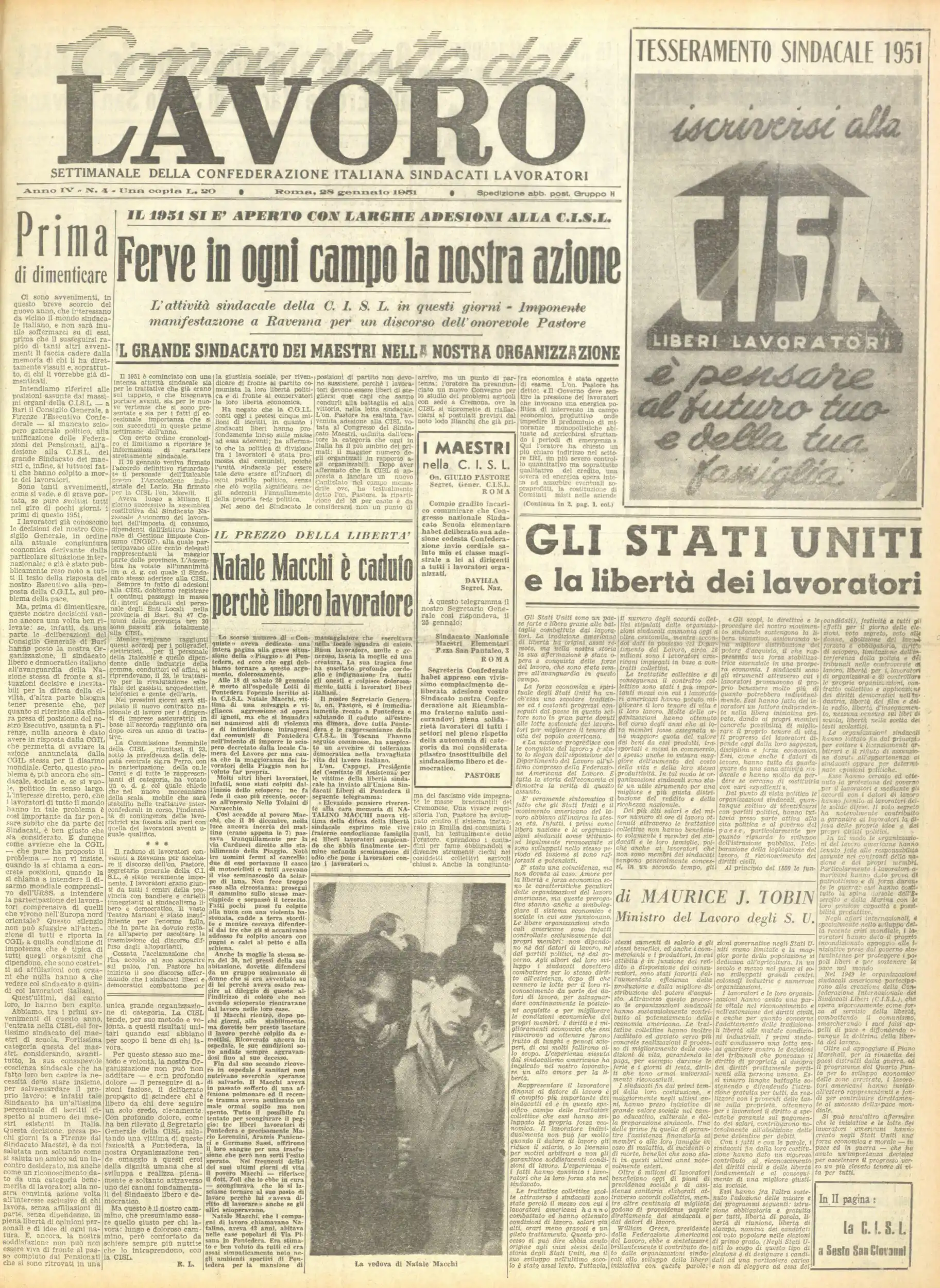 Conquiste del Lavoro del 28/01/1951 N. 4 Anno 4