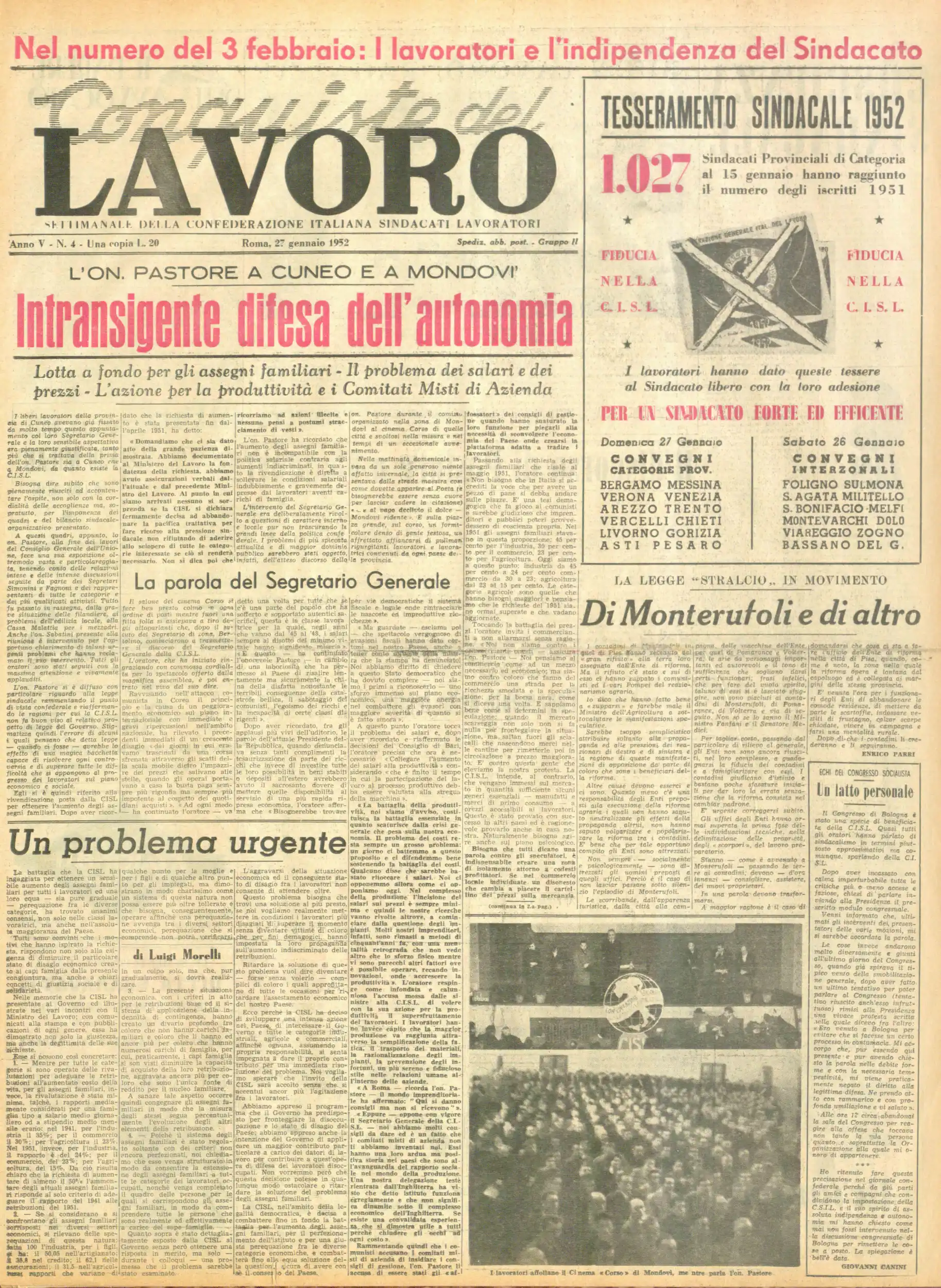 Conquiste del Lavoro del 27/01/1952 N. 4 Anno 5