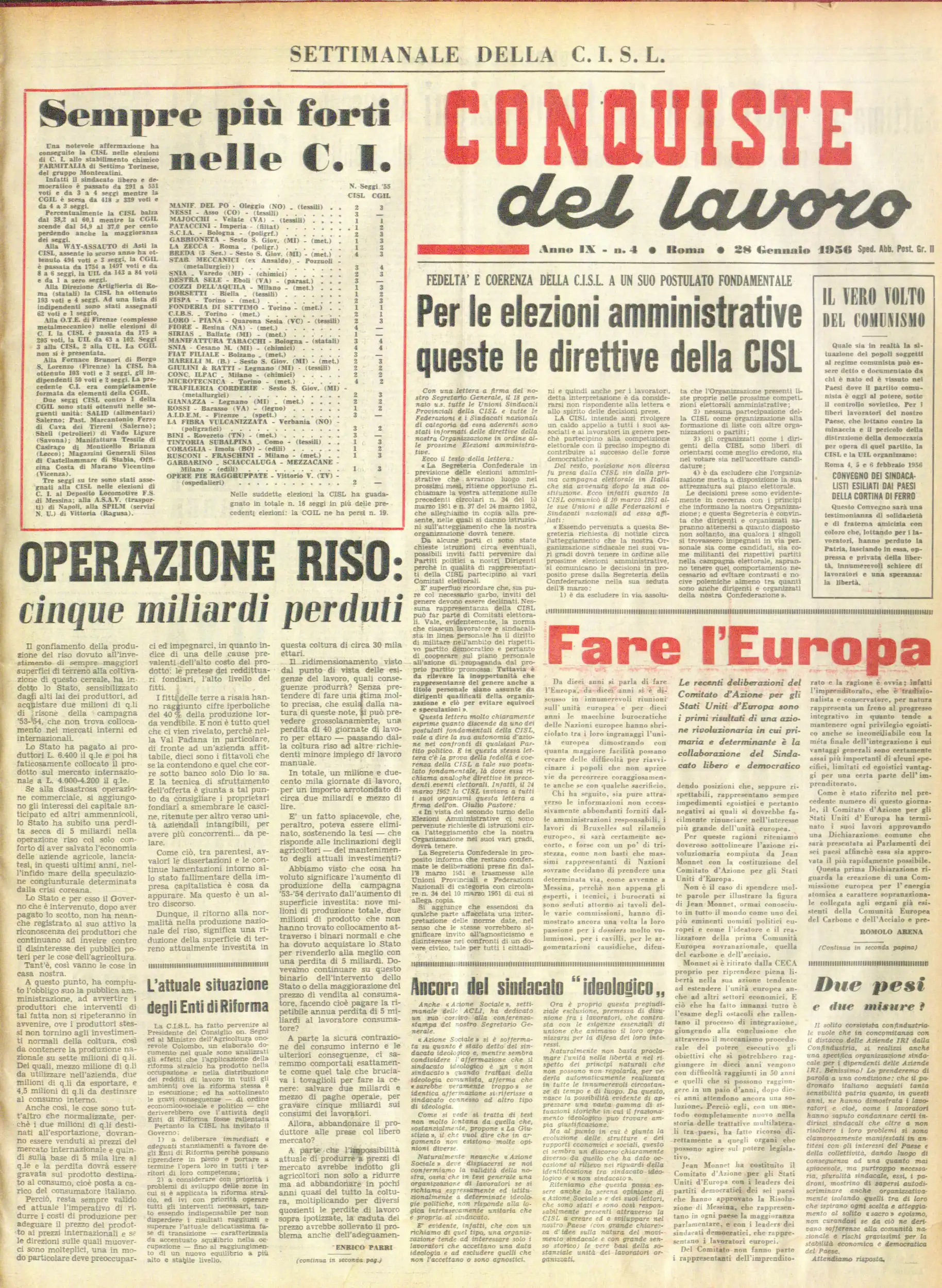 Conquiste del Lavoro del 28/01/1956 N. 4 Anno 9