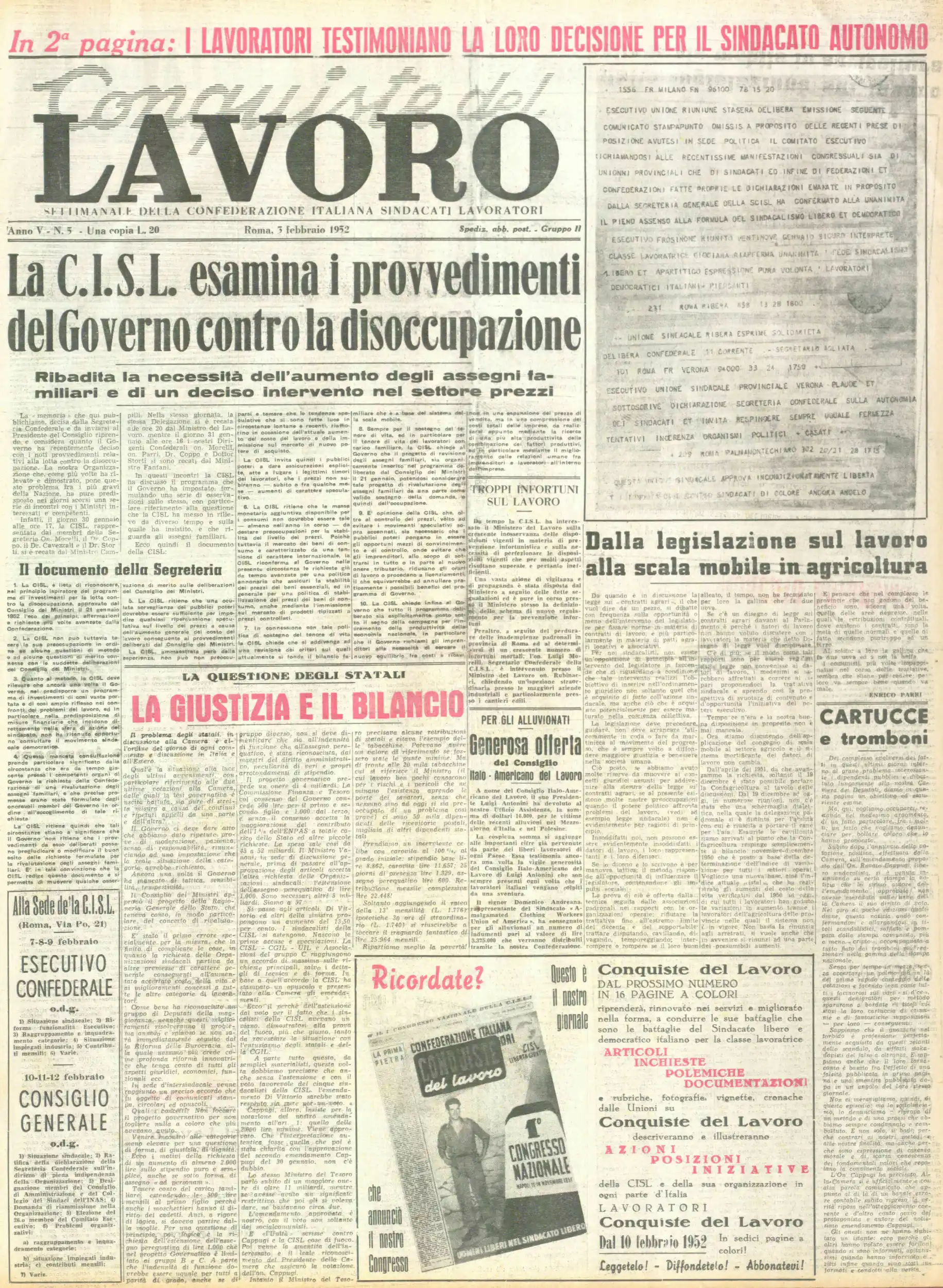Conquiste del Lavoro del 03/02/1952 N. 5 Anno 5
