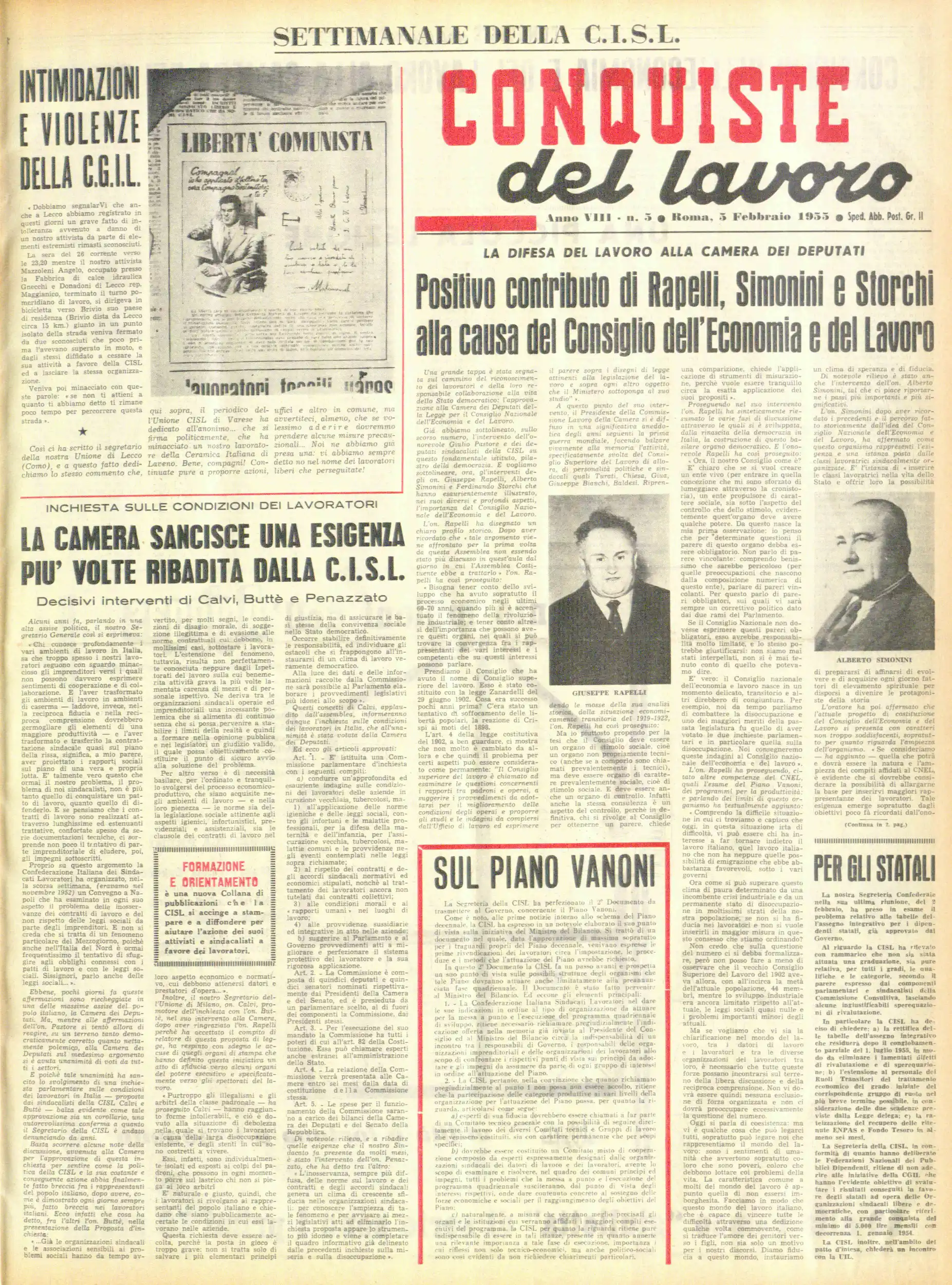 Conquiste del Lavoro del 05/02/1955 N. 5 Anno 8