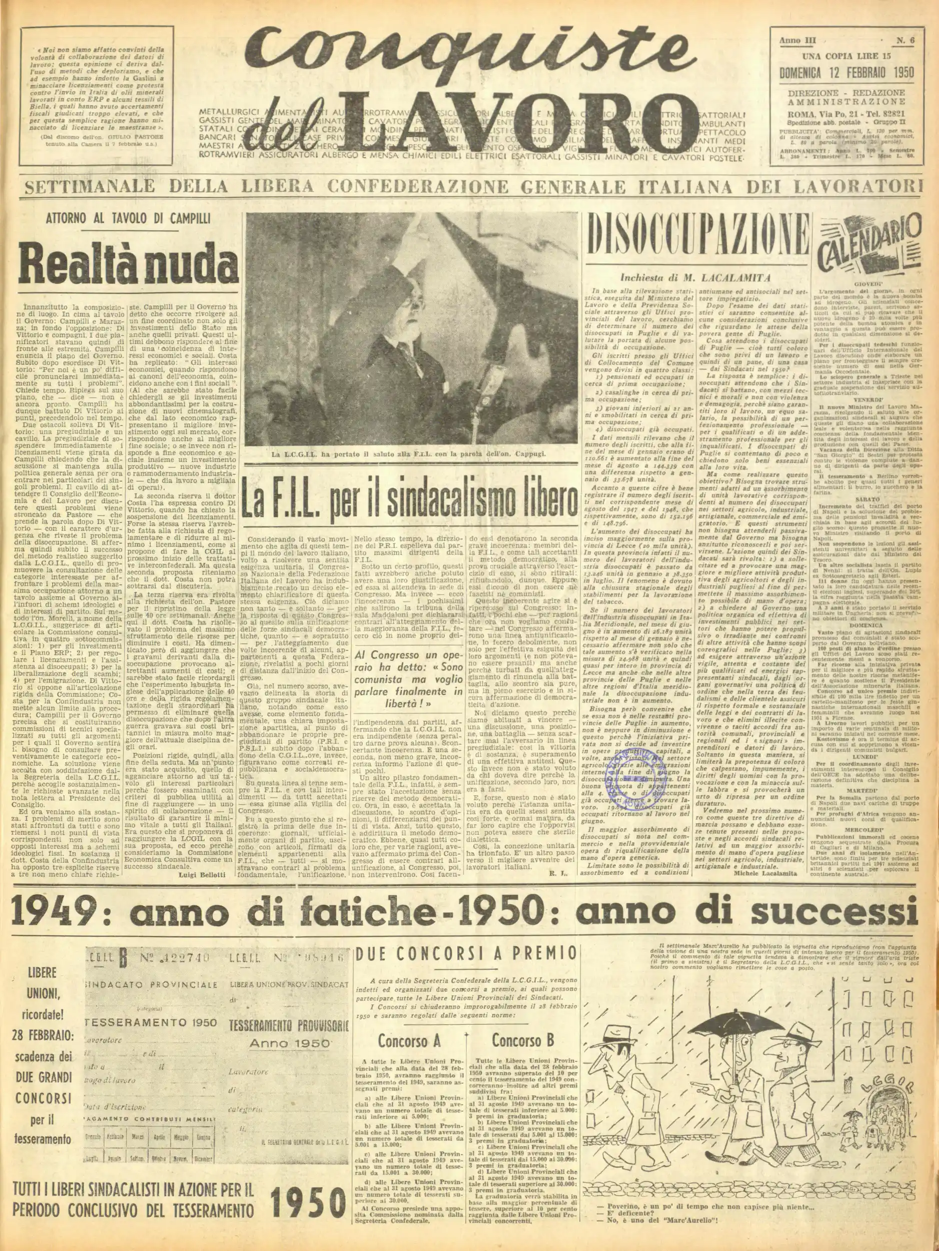 Conquiste del Lavoro del 12/02/1950 N. 6 Anno 3