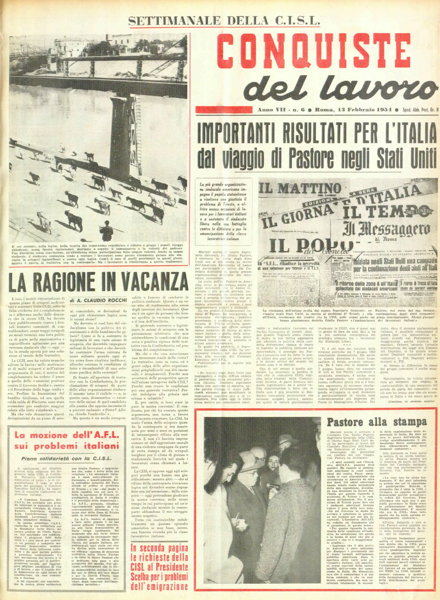 Conquiste del Lavoro del 13/02/1954 N. 6 Anno 7