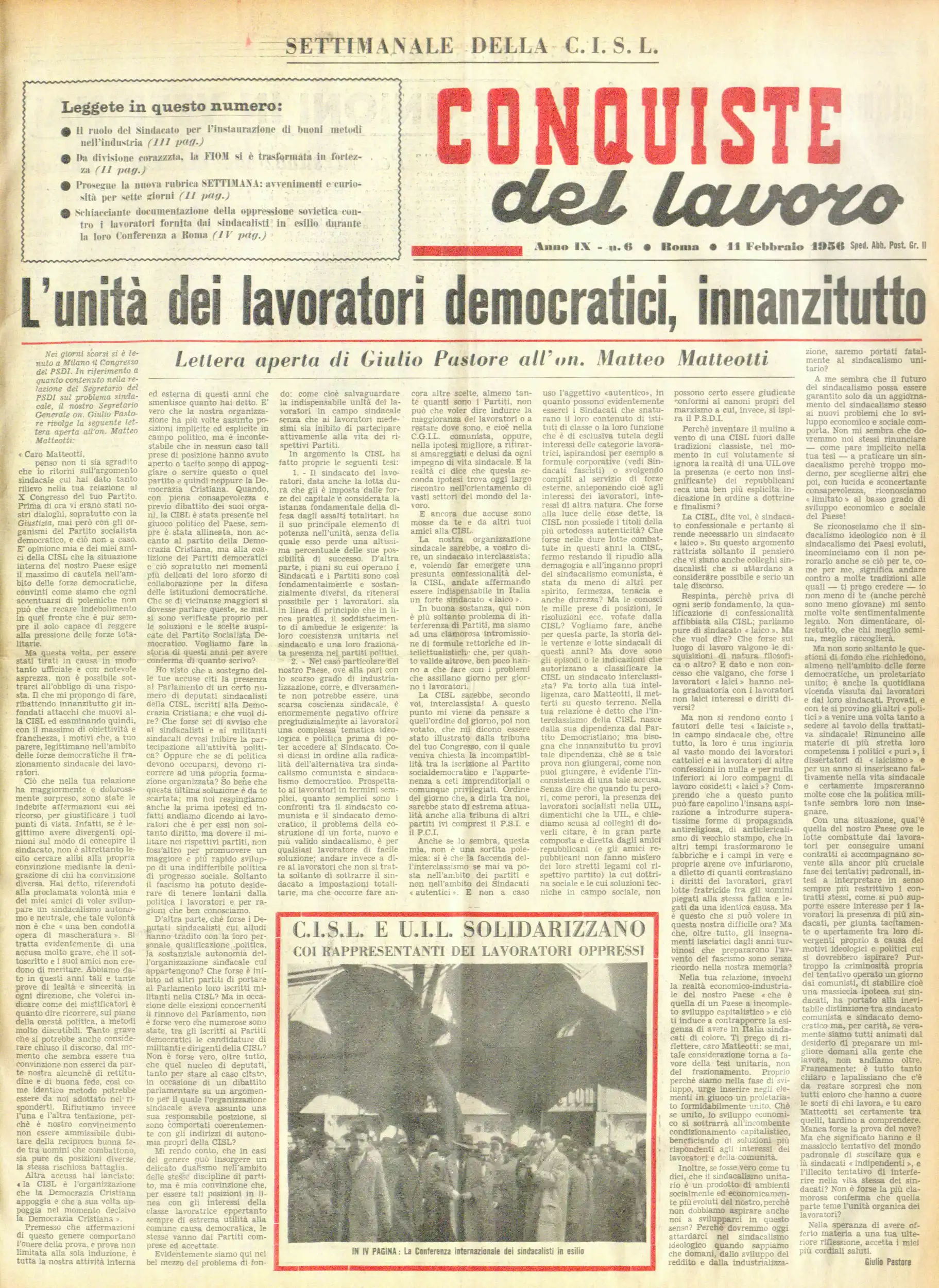 Conquiste del Lavoro del 11/02/1956 N. 6 Anno 9
