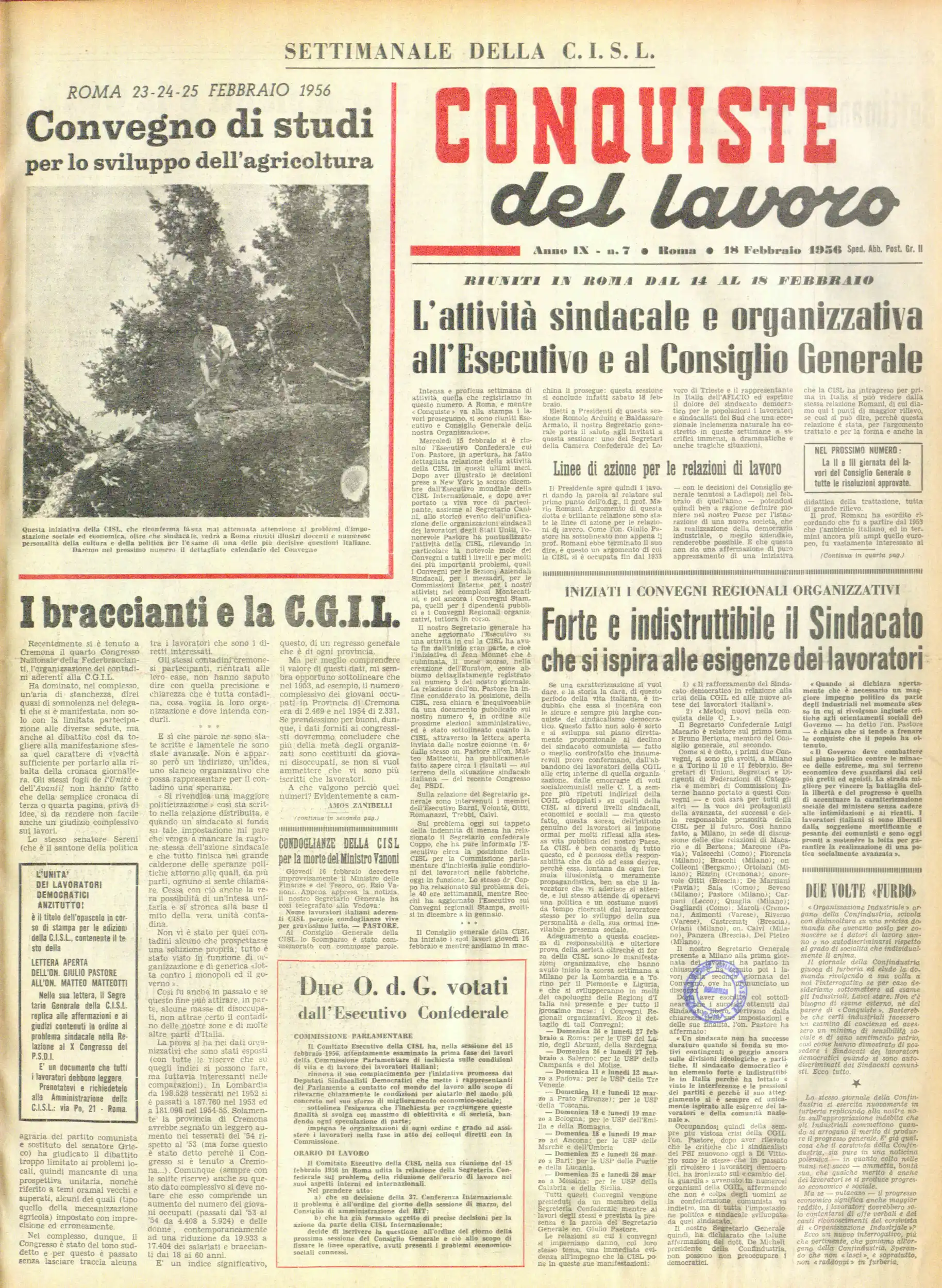 Conquiste del Lavoro del 18/02/1956 N. 7 Anno 9