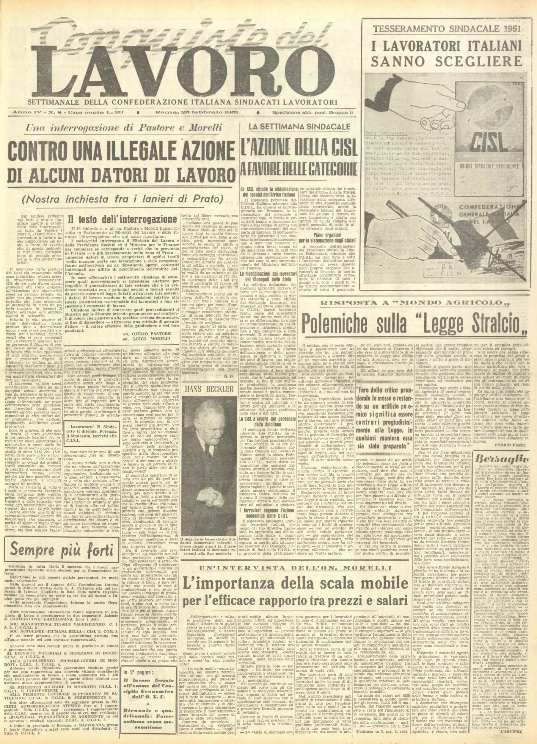 Conquiste del Lavoro del 25/02/1951 N. 8 Anno 4