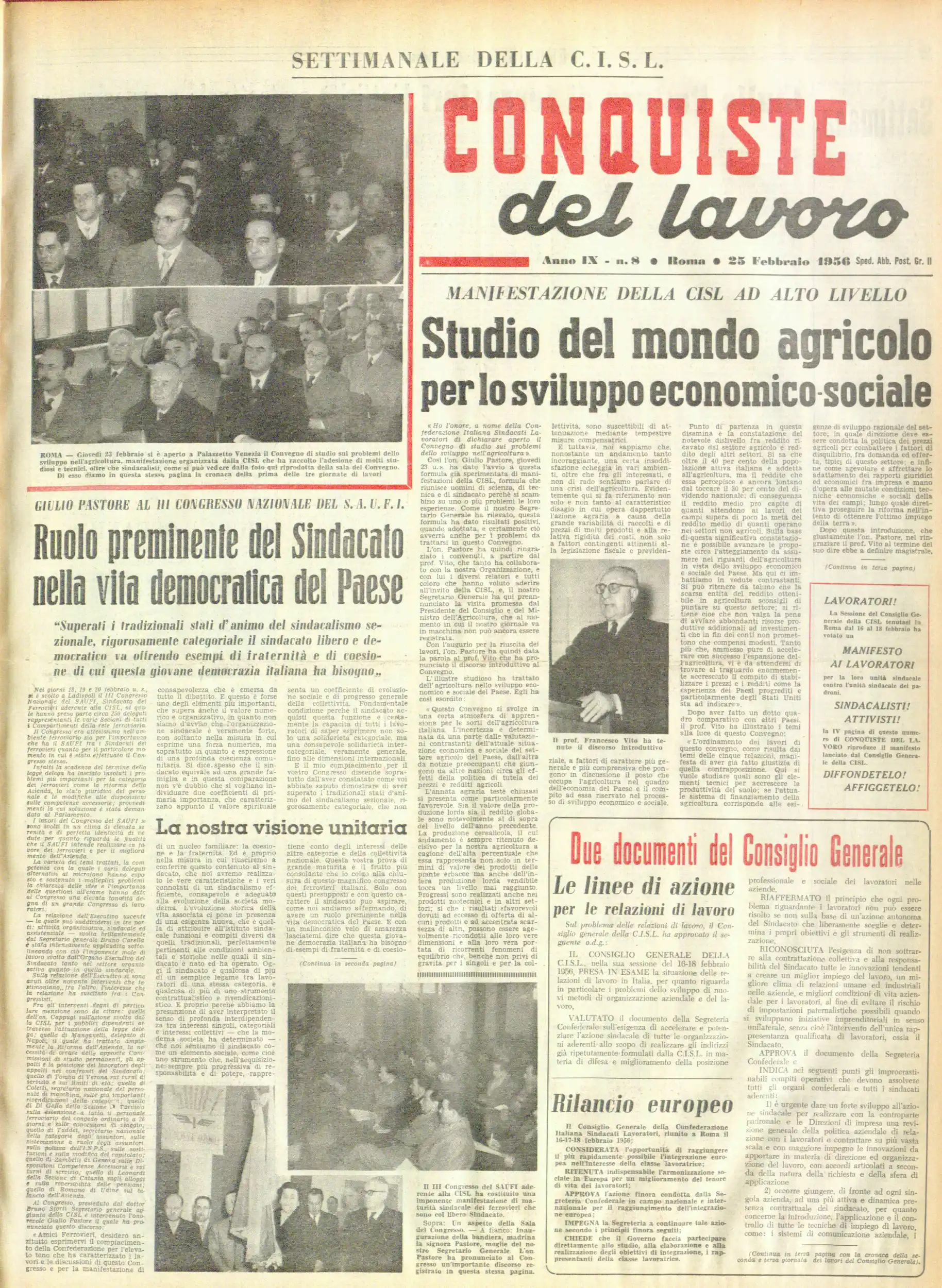 Conquiste del Lavoro del 25/02/1956 N. 8 Anno 9