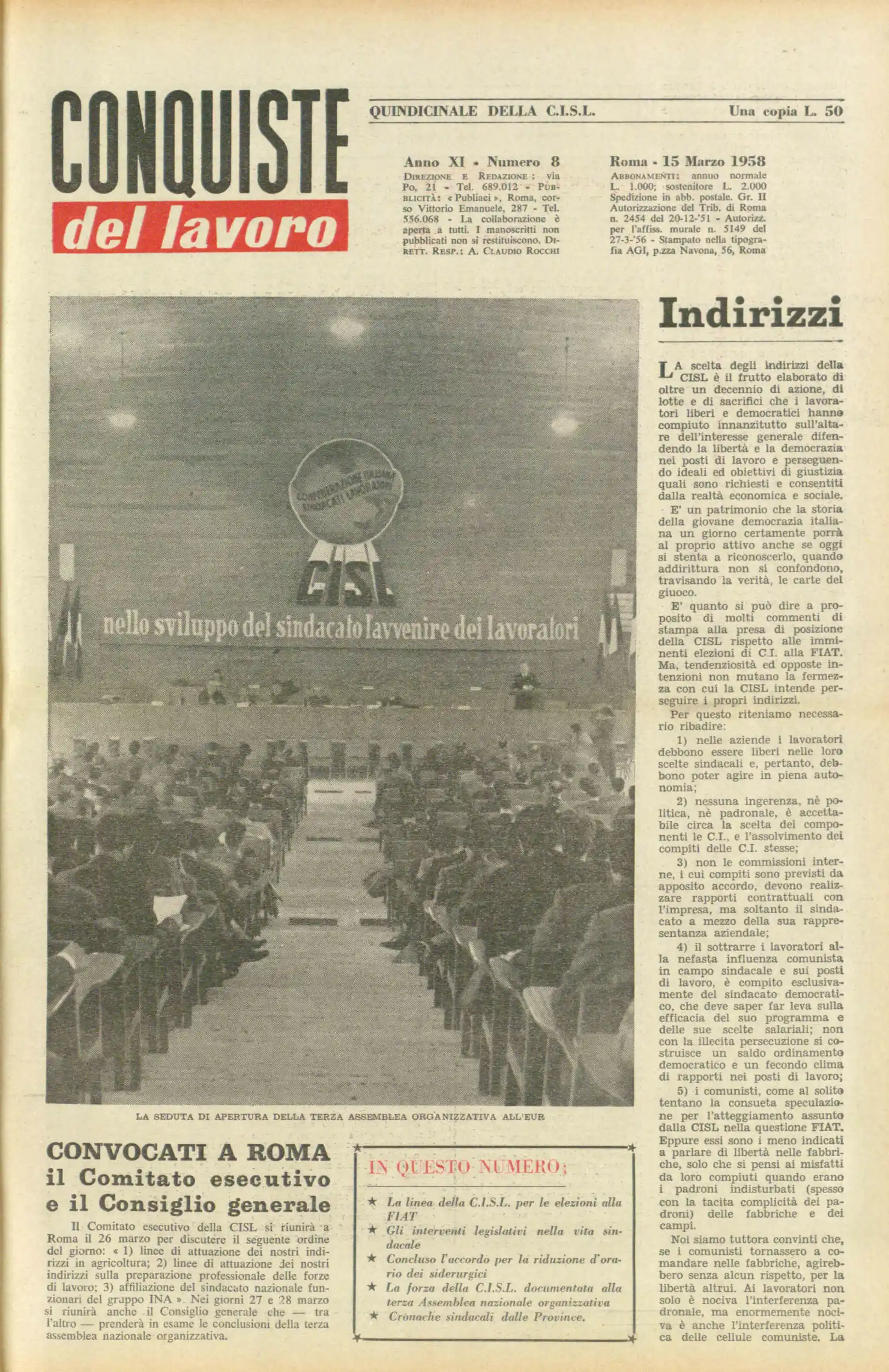 Conquiste del Lavoro del 15/03/1958 N. 8 Anno 11