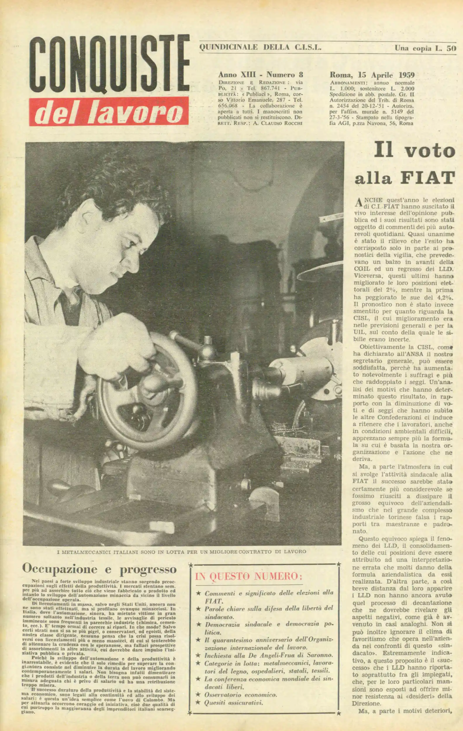 Conquiste del Lavoro del 15/04/1959 N. 8 Anno 12