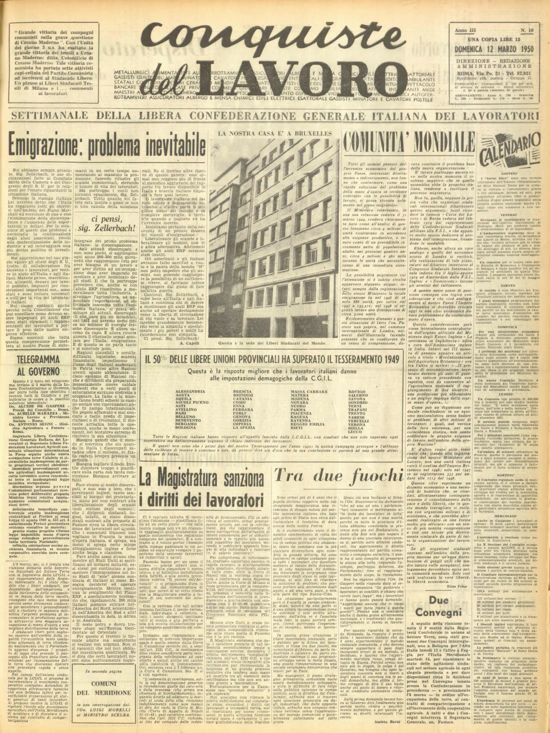 Conquiste del Lavoro del 12/03/1950 N. 10 Anno 3