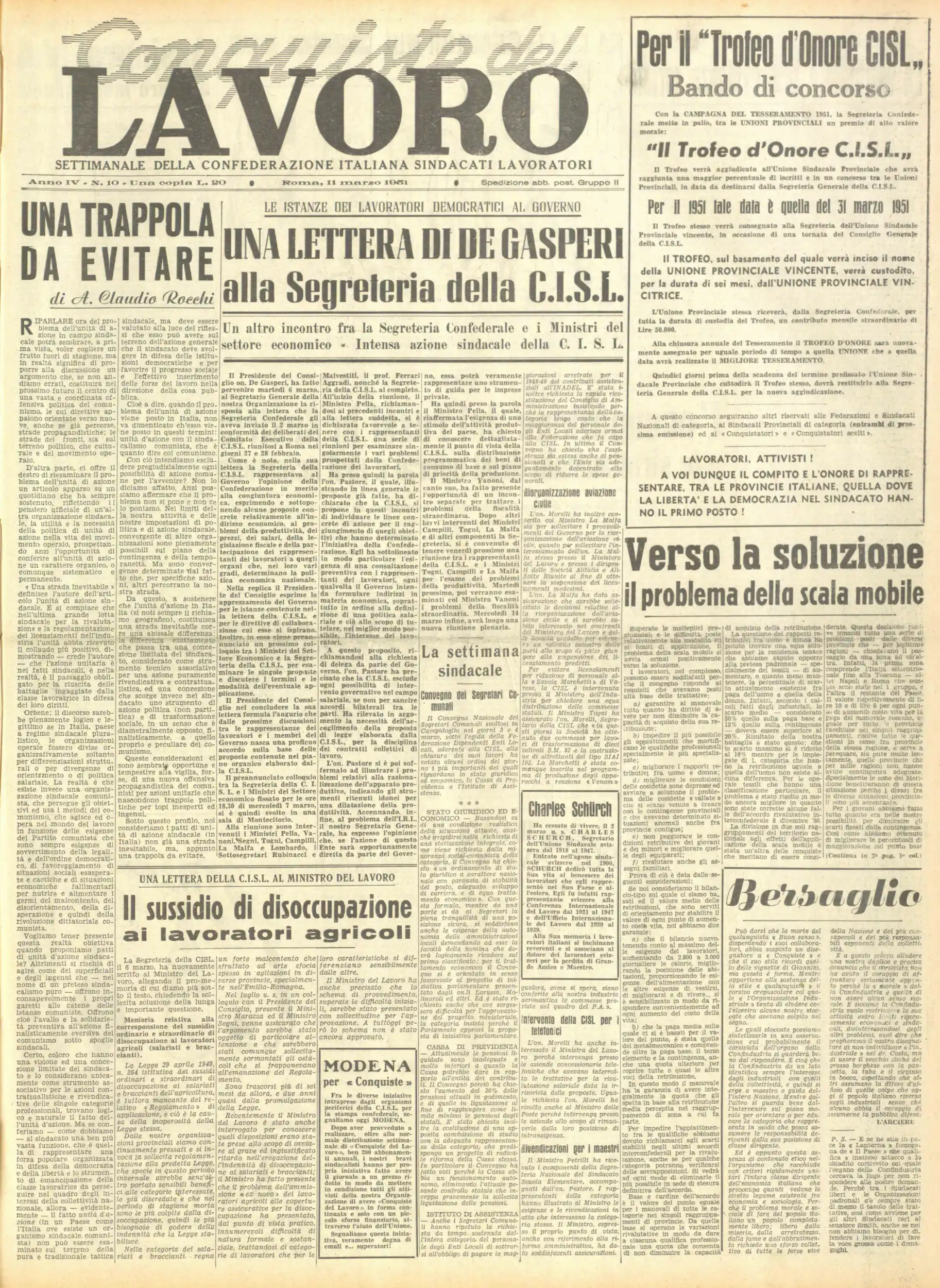 Conquiste del Lavoro del 11/03/1951 N. 10 Anno 4
