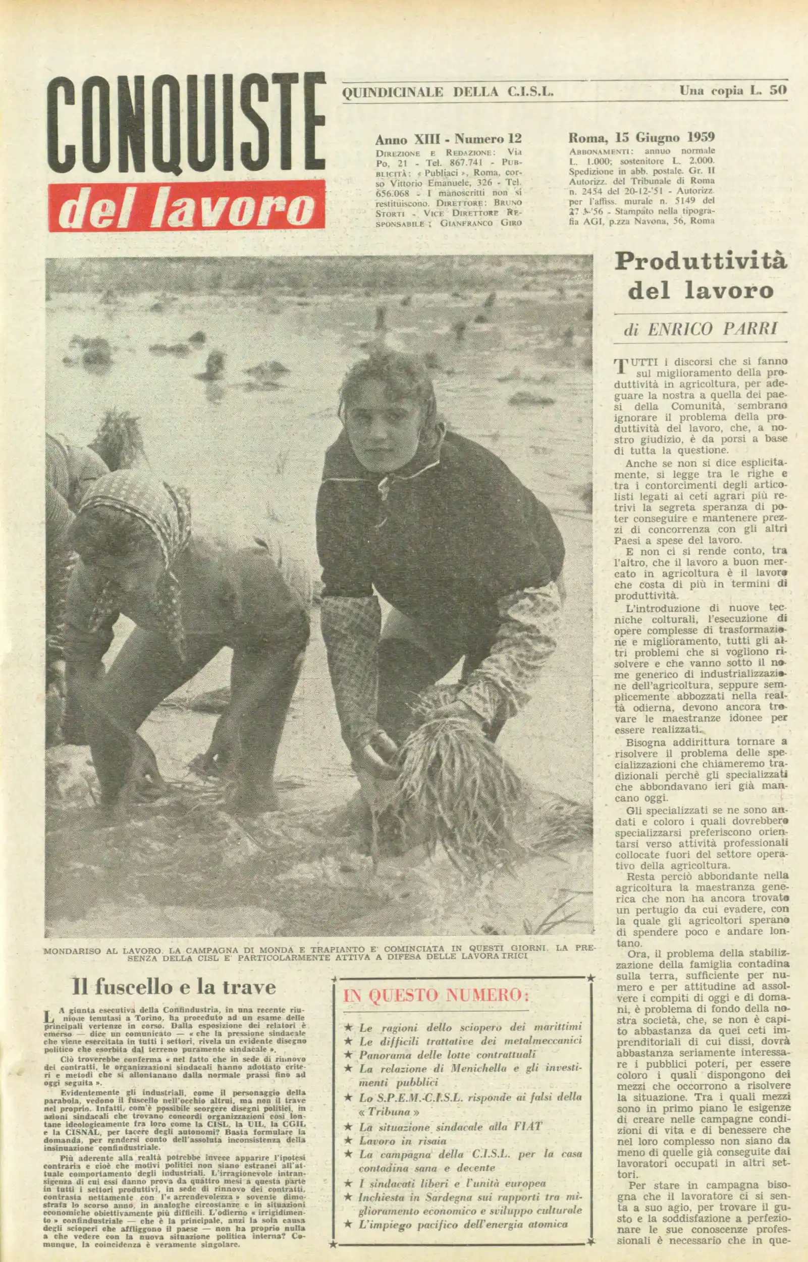 Conquiste del Lavoro del 15/06/1959 N. 12 Anno 12