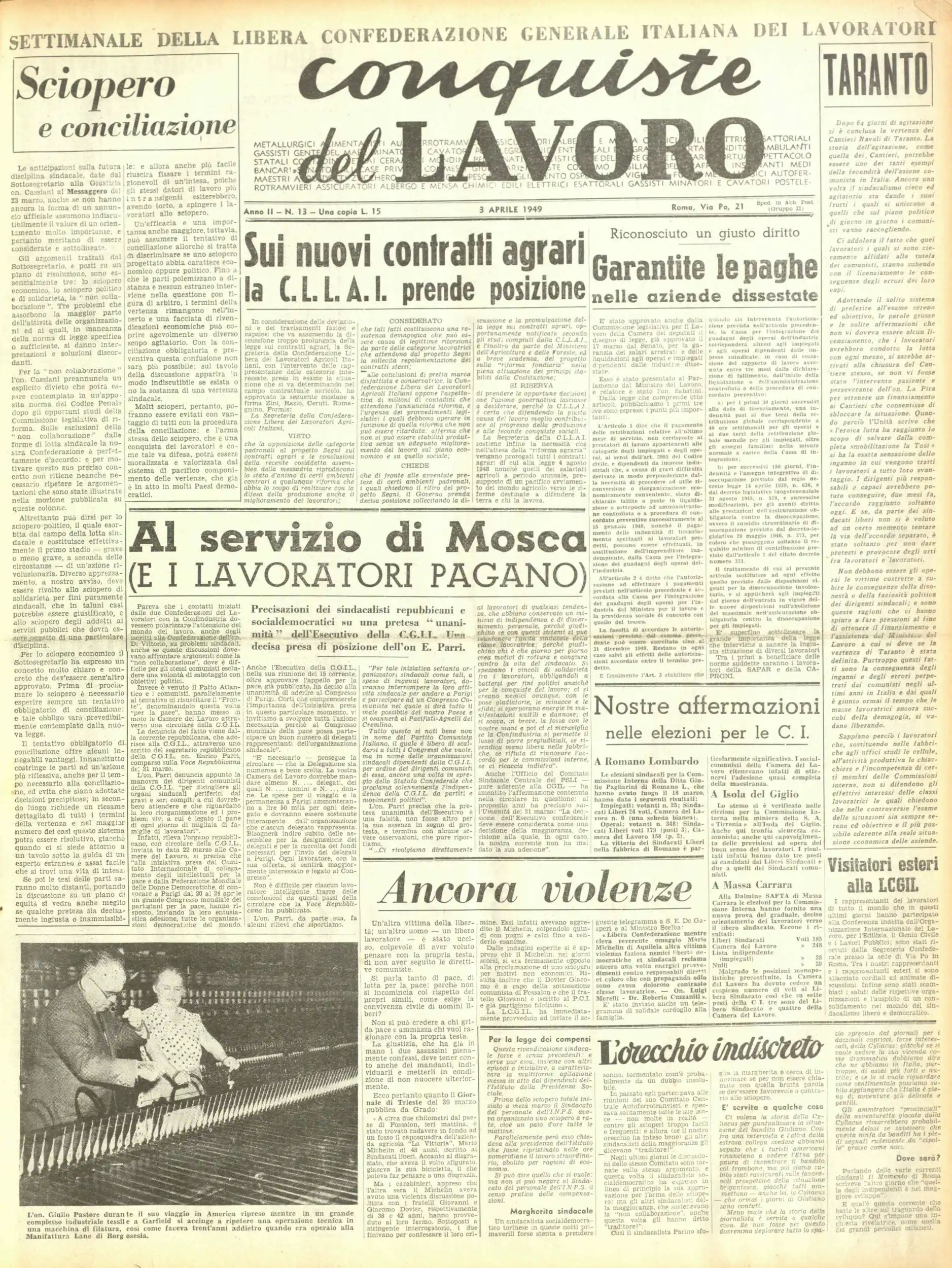 Conquiste del Lavoro del 03/04/1949 N. 13 Anno 2