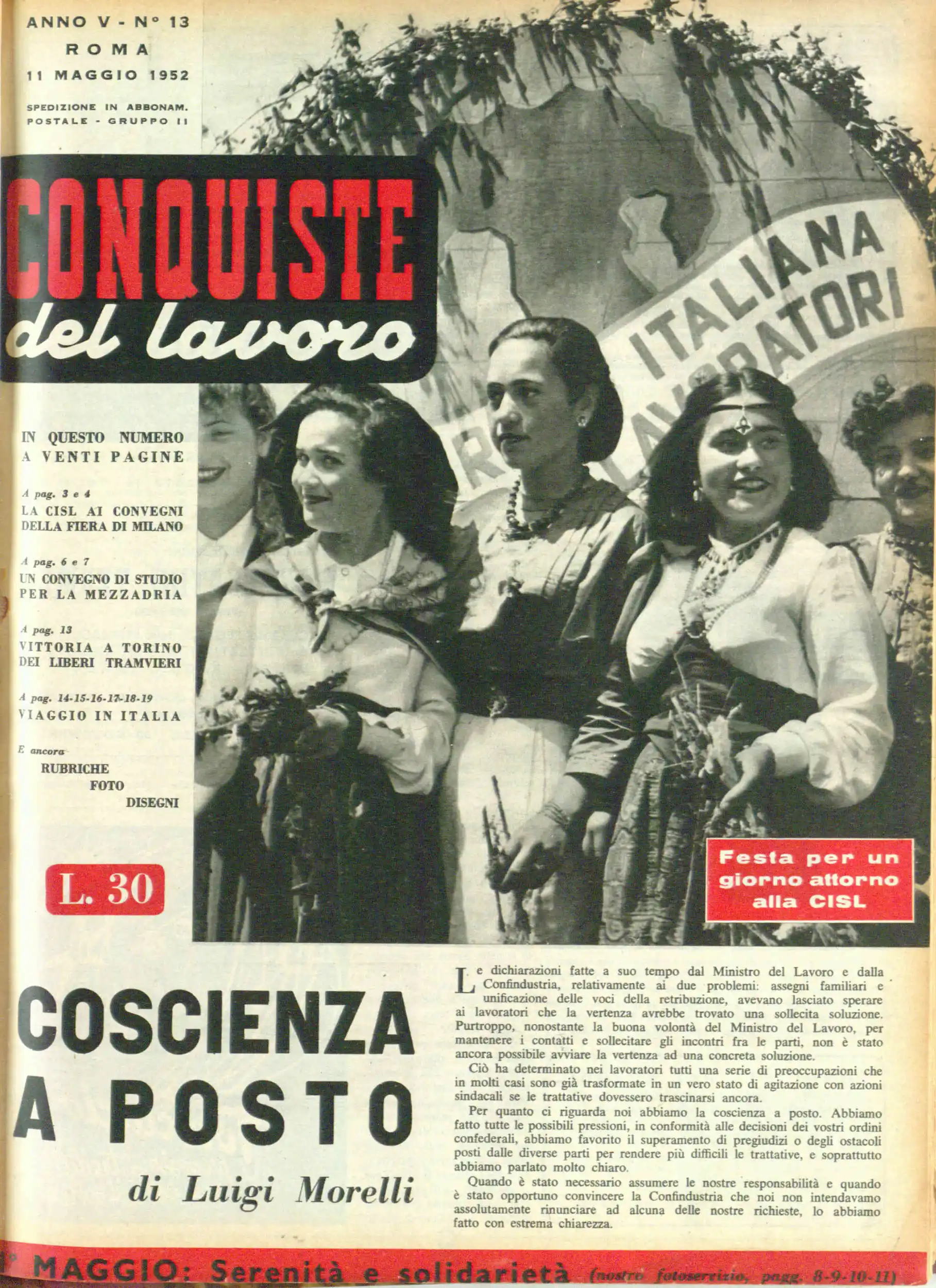 Conquiste del Lavoro del 11/05/1952 N. 13 Anno 5