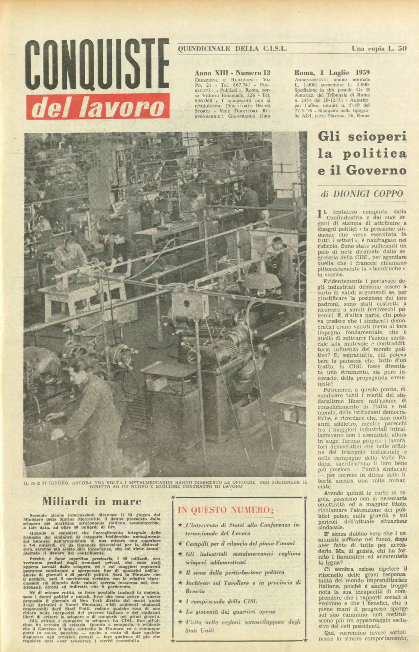 Conquiste del Lavoro del 01/07/1959 N. 13 Anno 12