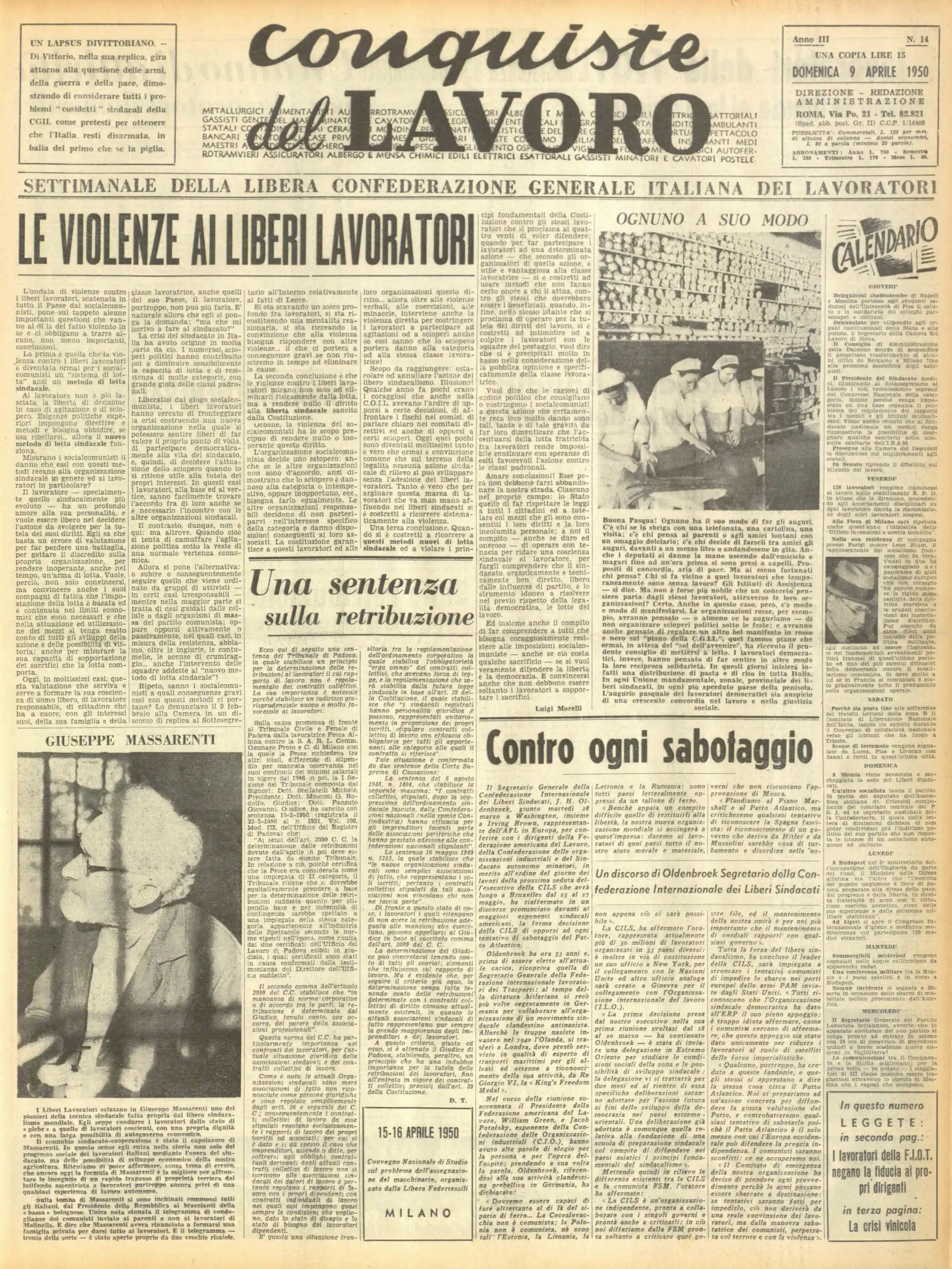 Conquiste del Lavoro del 09/04/1950 N. 14 Anno 3