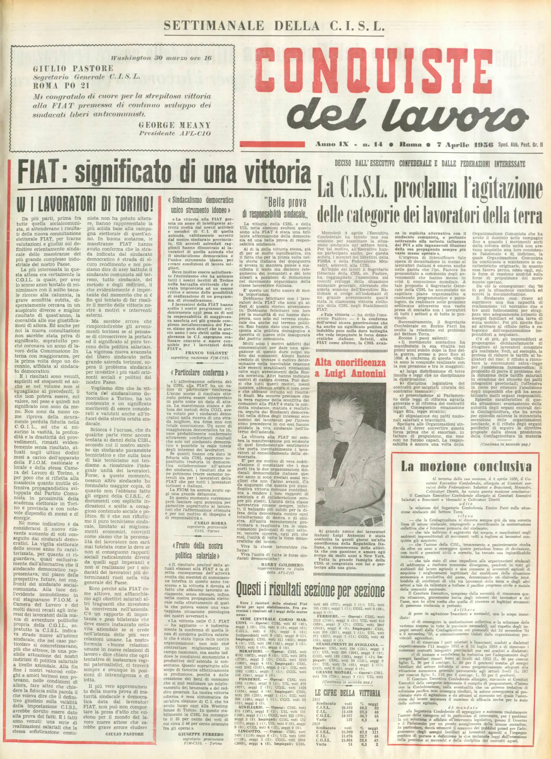 Conquiste del Lavoro del 07/04/1956 N. 14 Anno 9