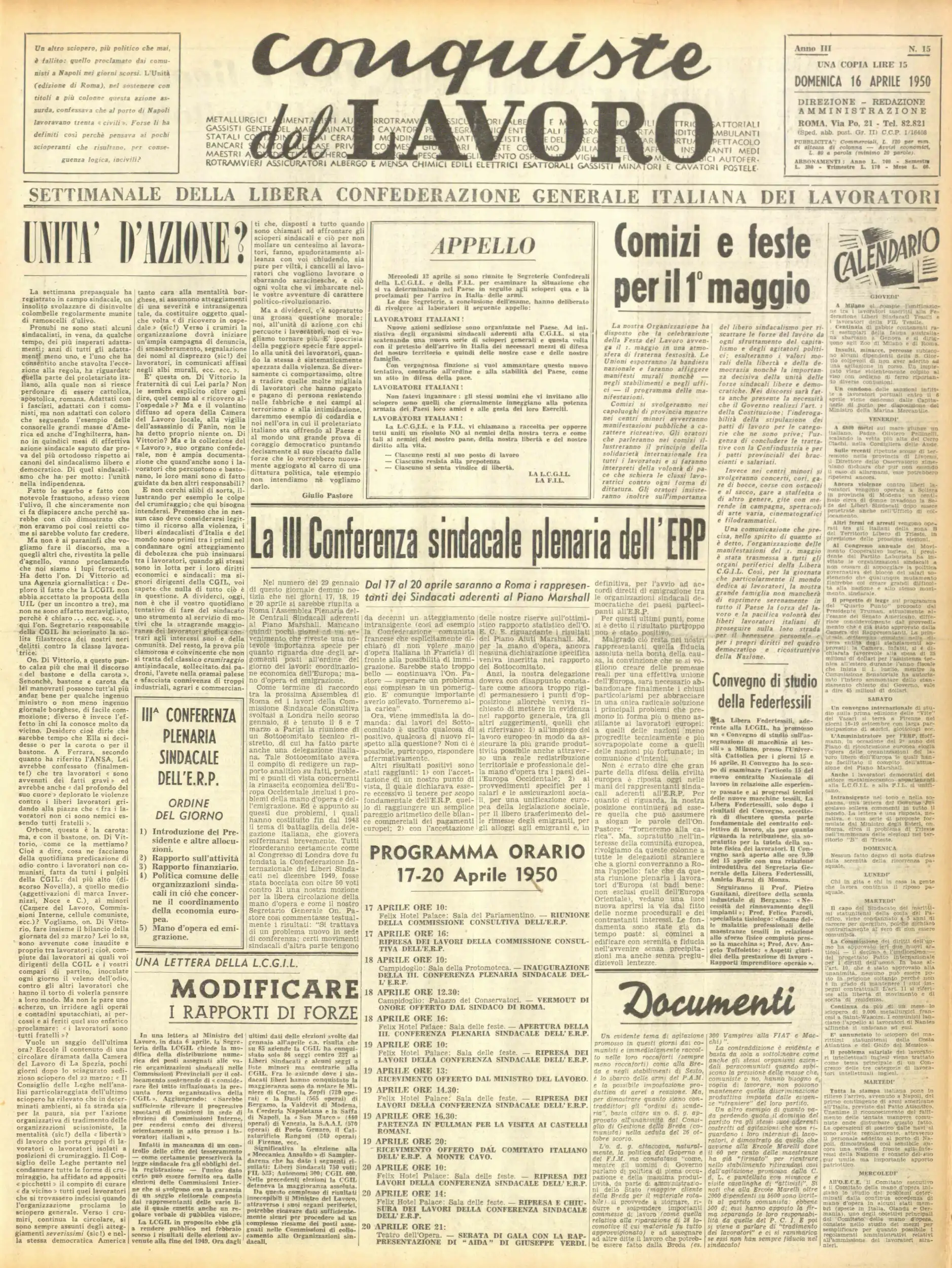 Conquiste del Lavoro del 16/04/1950 N. 15 Anno 3