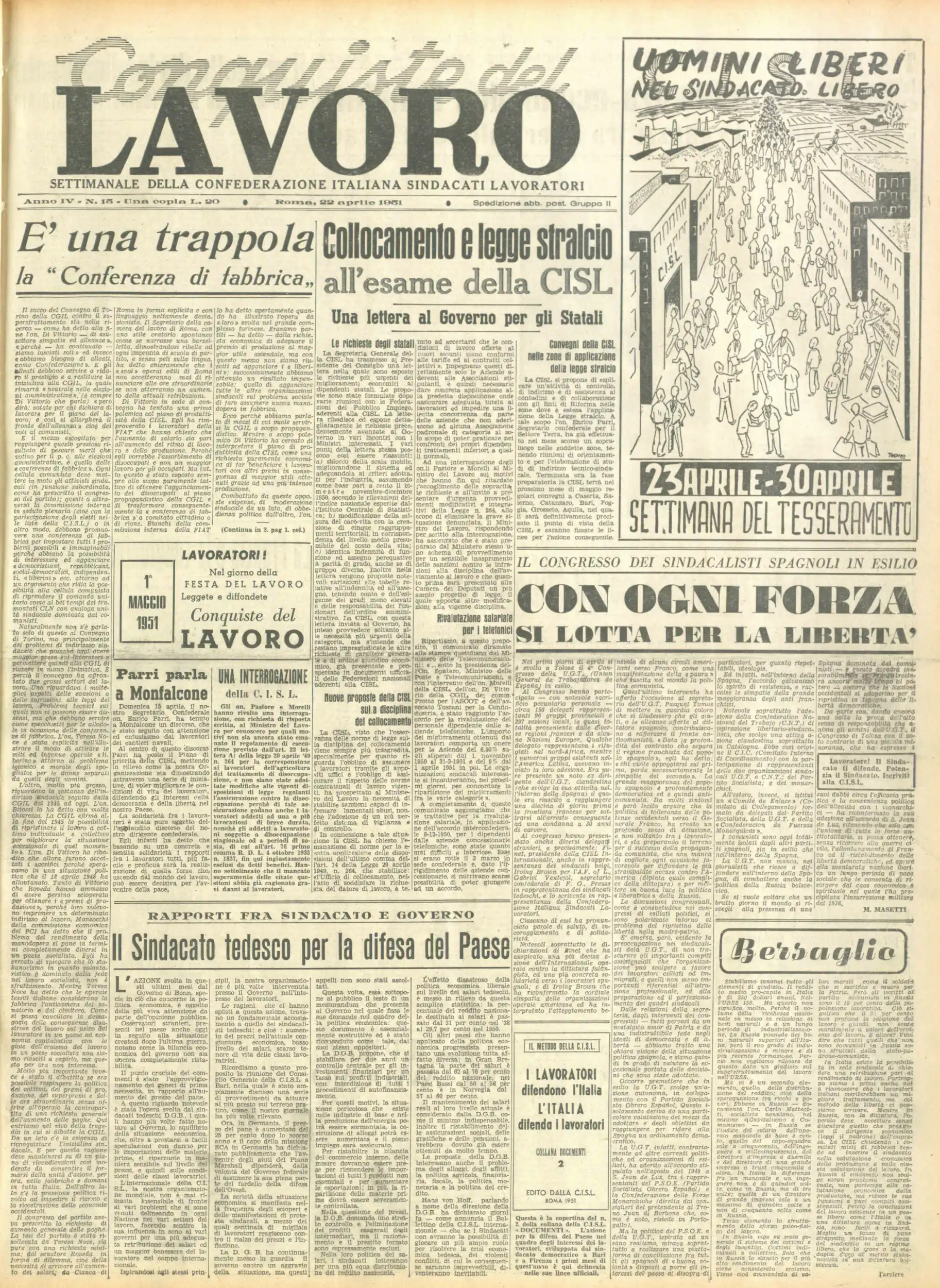 Conquiste del Lavoro del 22/04/1951 N. 15 Anno 4