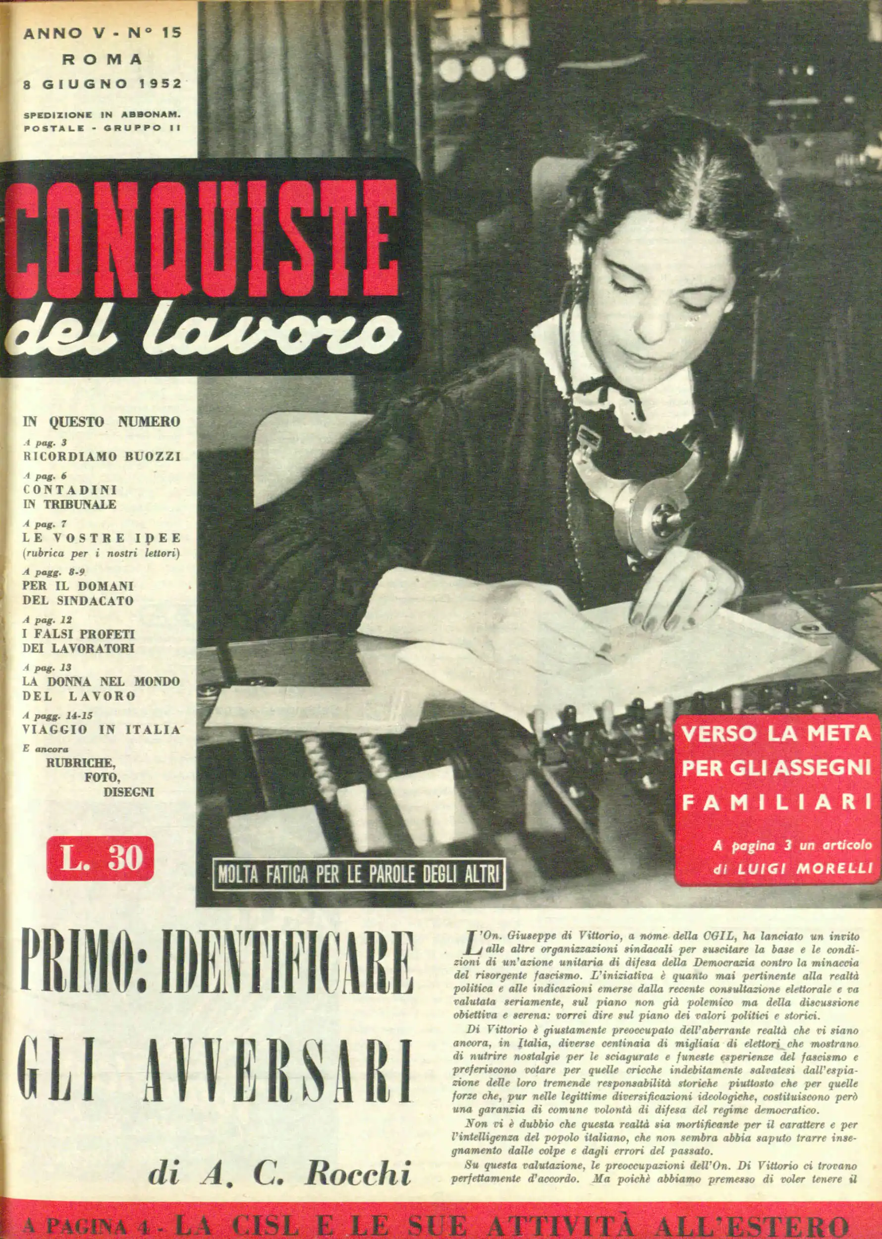 Conquiste del Lavoro del 08/06/1952 N. 15 Anno 5