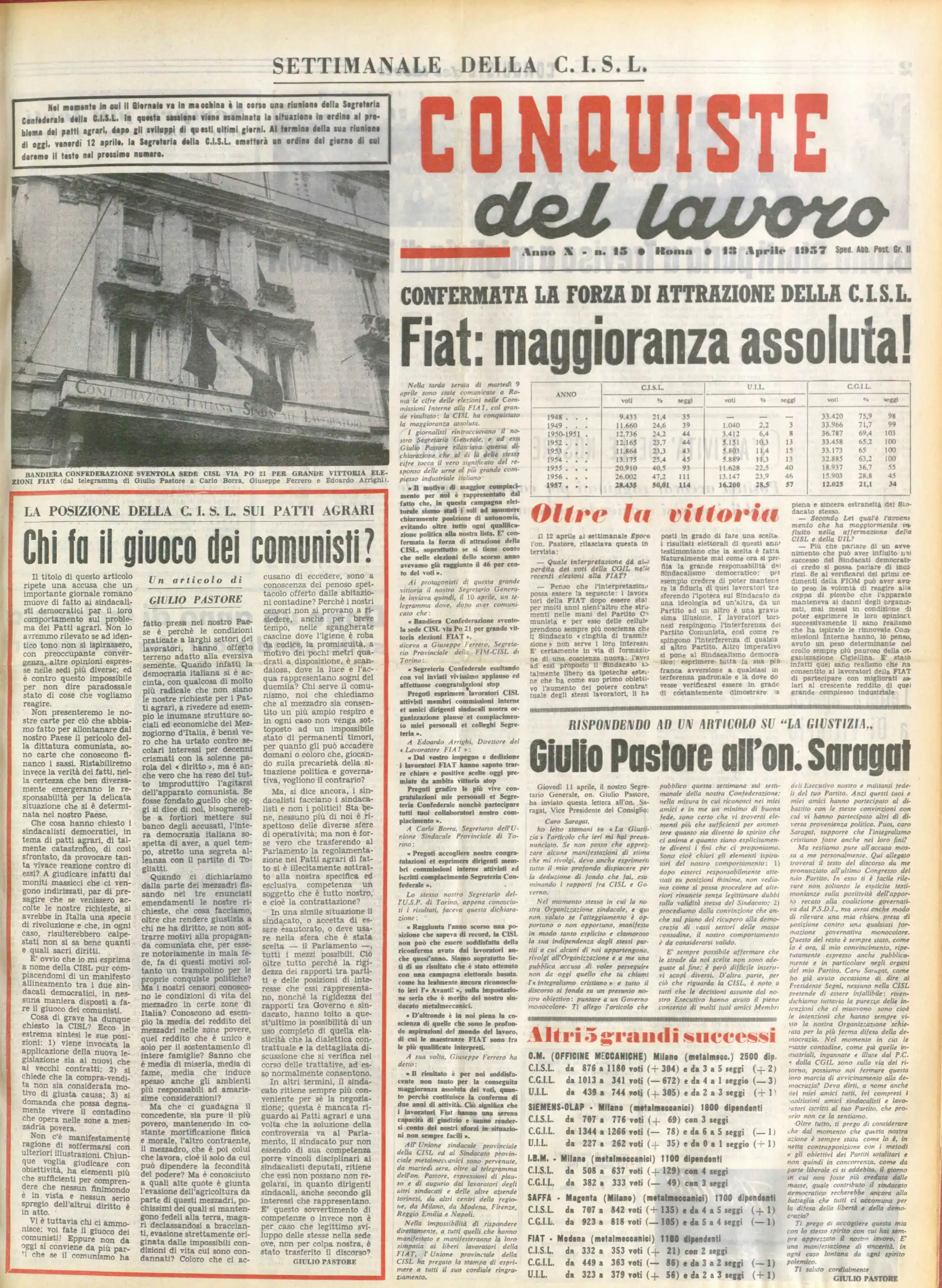 Conquiste del Lavoro del 13/04/1957 N. 15 Anno 10
