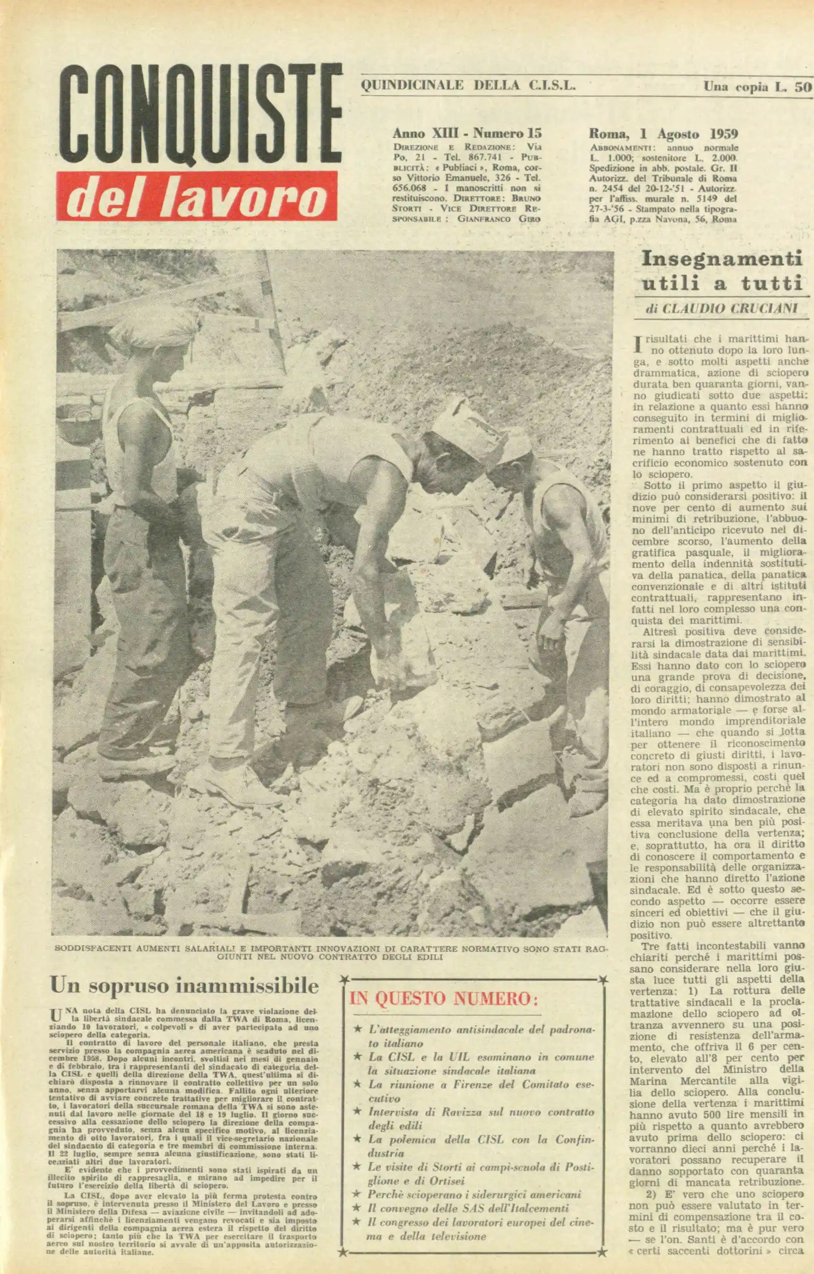 Conquiste del Lavoro del 01/08/1959 N. 15 Anno 12