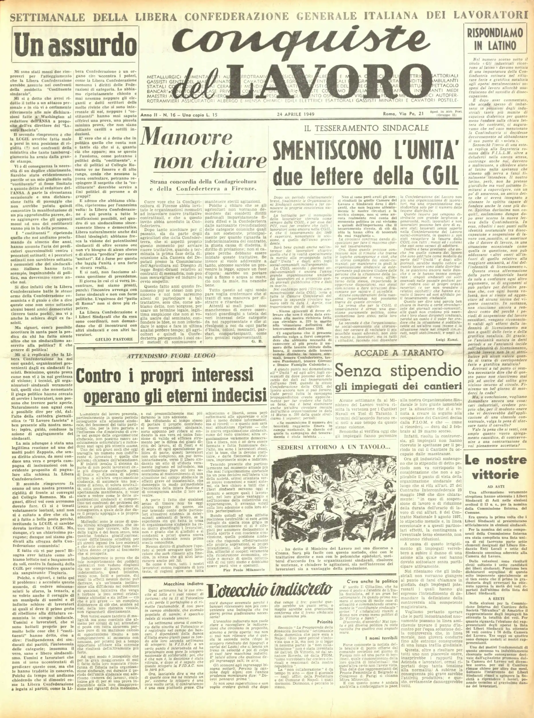 Conquiste del Lavoro del 24/04/1949 N. 16 Anno 2