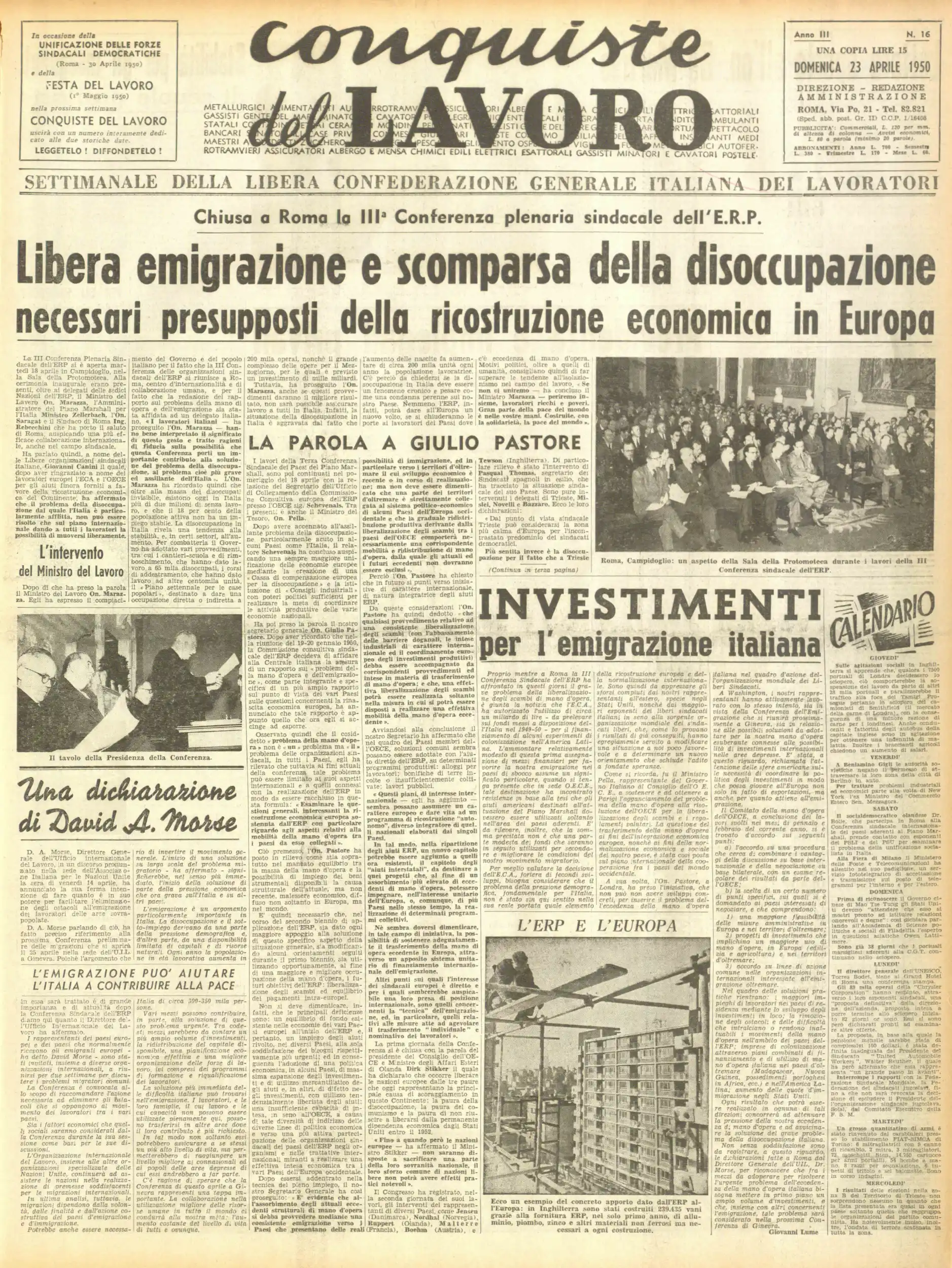 Conquiste del Lavoro del 23/04/1950 N. 16 Anno 3