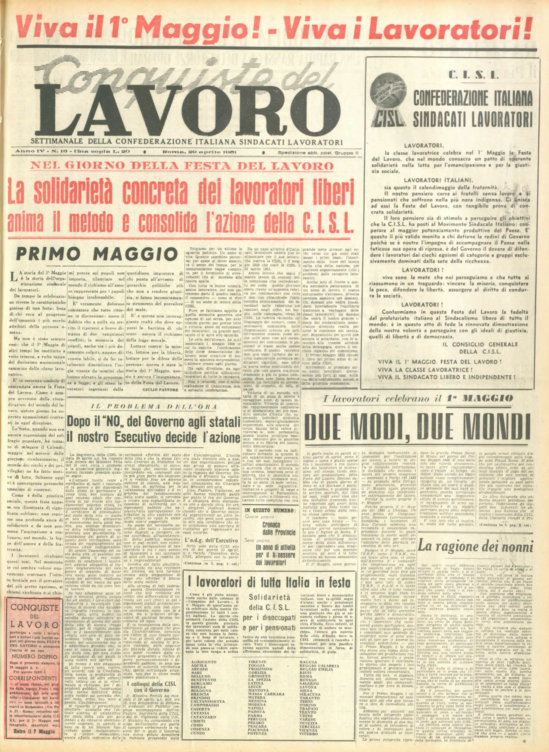 Conquiste del Lavoro del 29/04/1951 N. 16 Anno 4