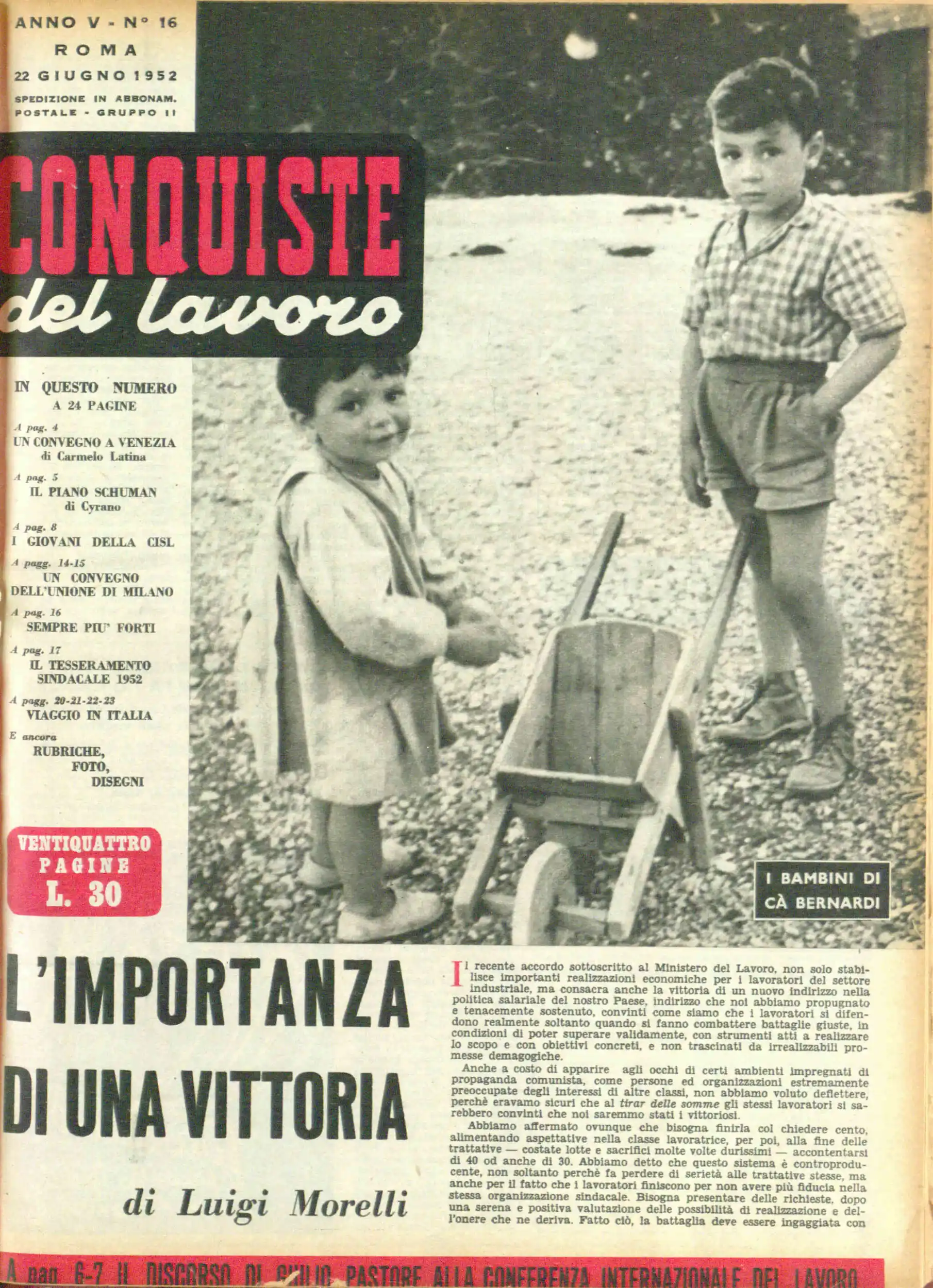 Conquiste del Lavoro del 22/06/1952 N. 16 Anno 5