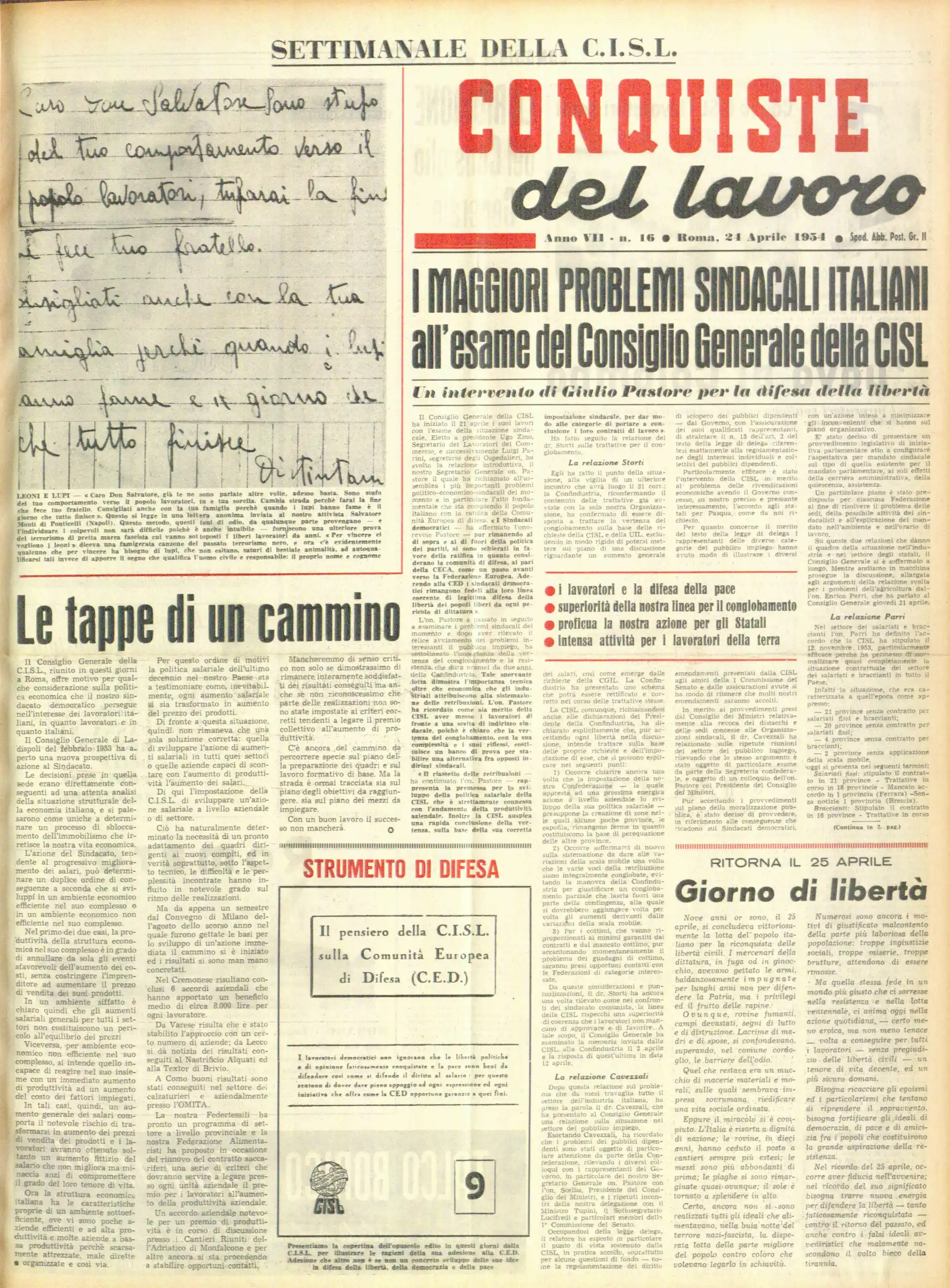 Conquiste del Lavoro del 24/04/1954 N. 16 Anno 7