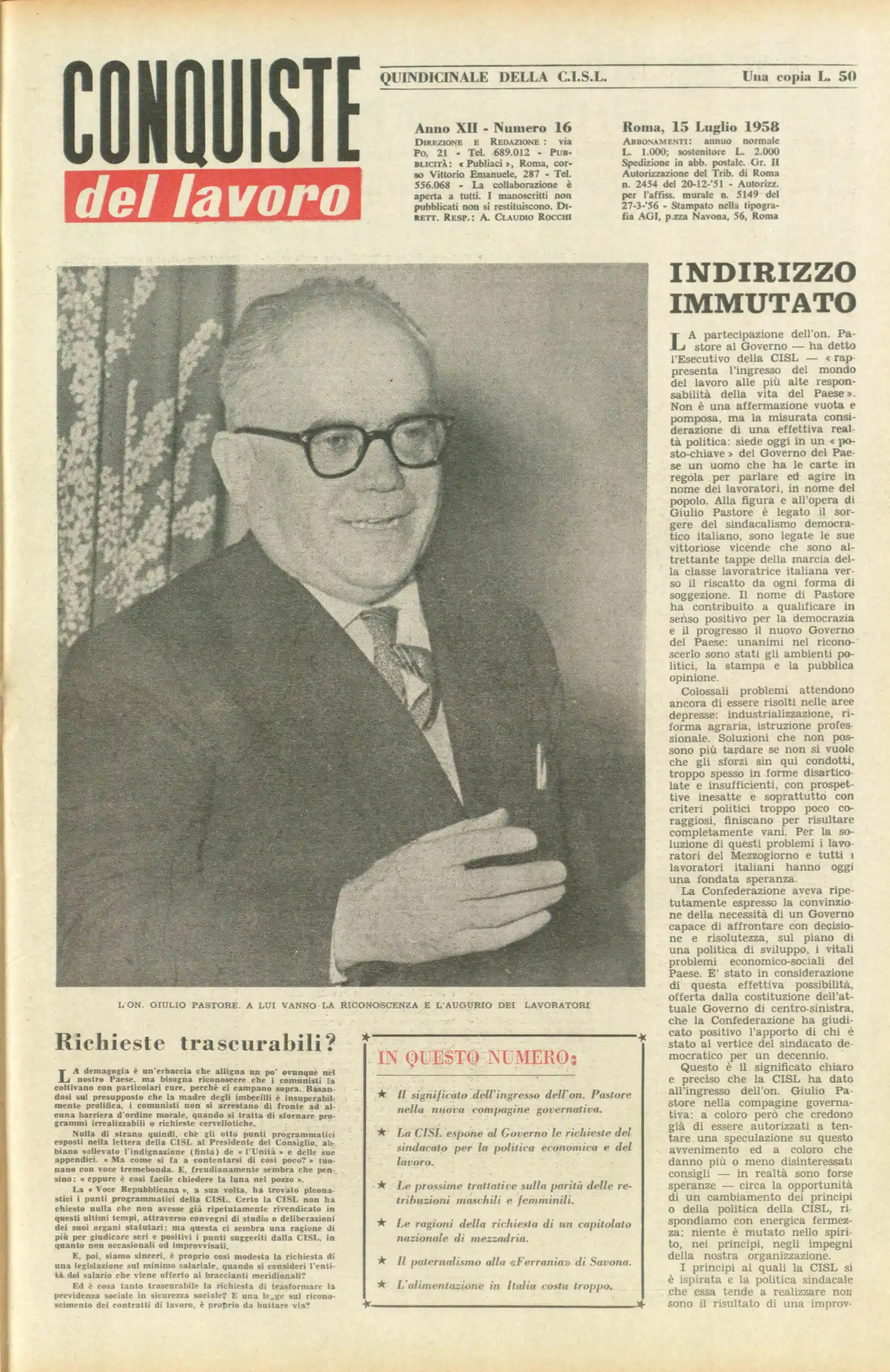 Conquiste del Lavoro del 15/07/1958 N. 16 Anno 11