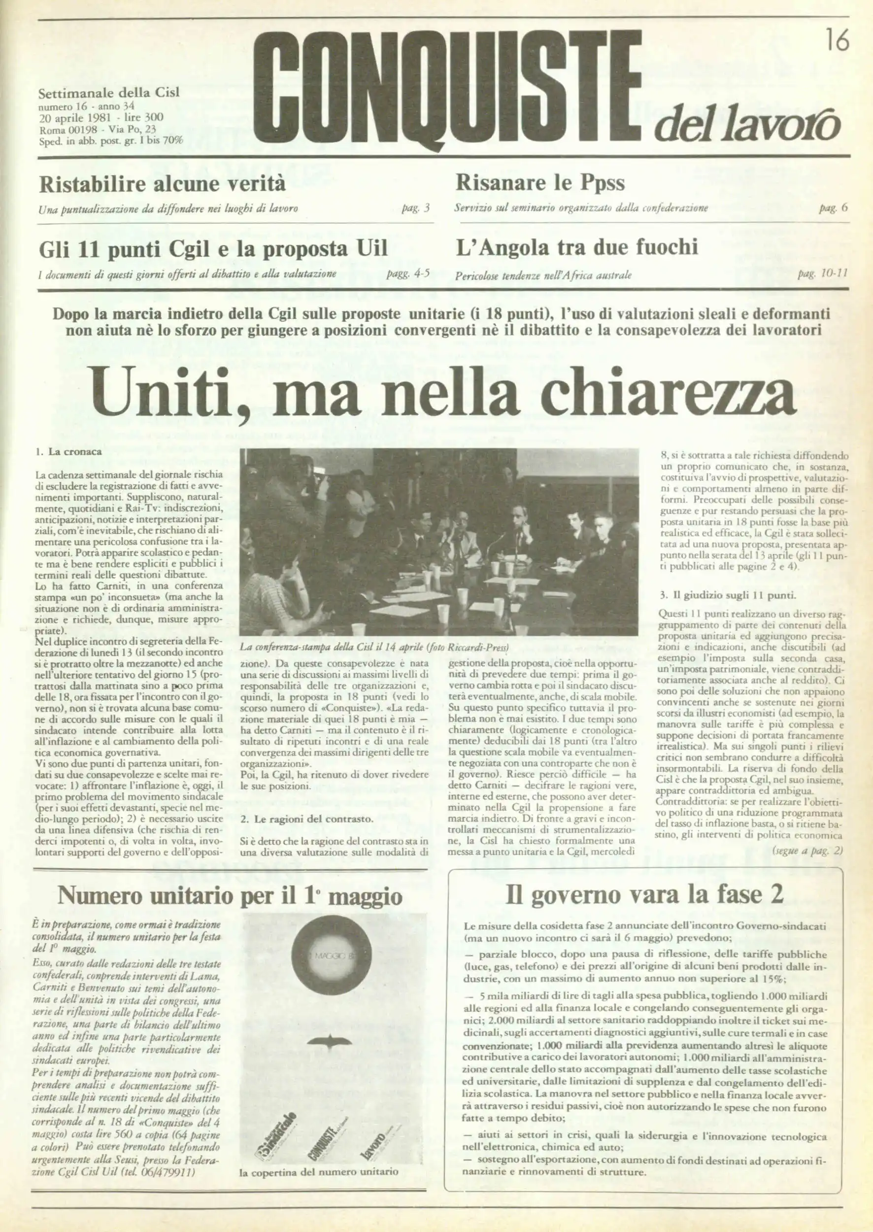 Conquiste del Lavoro del 20/04/1981 N. 16 Anno 34