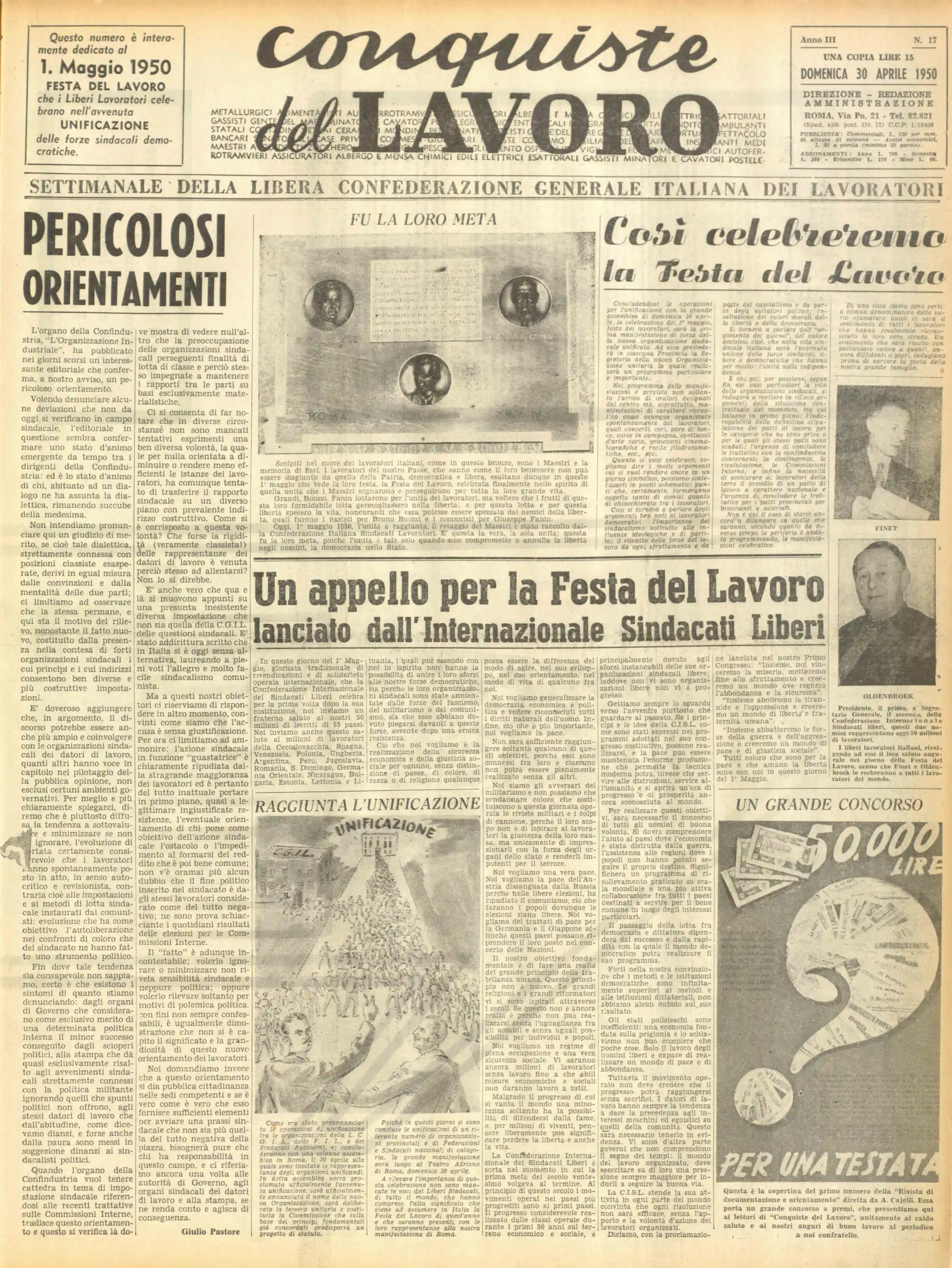 Conquiste del Lavoro del 30/04/1950 N. 17 Anno 3