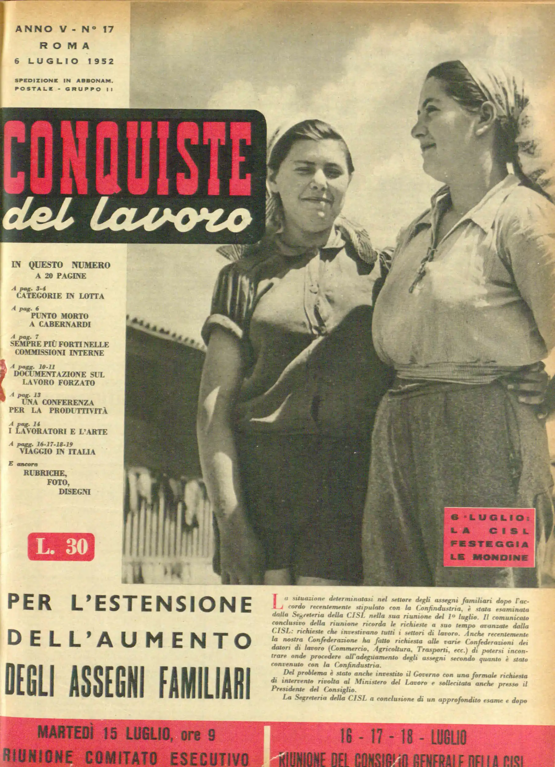 Conquiste del Lavoro del 06/07/1952 N. 17 Anno 5