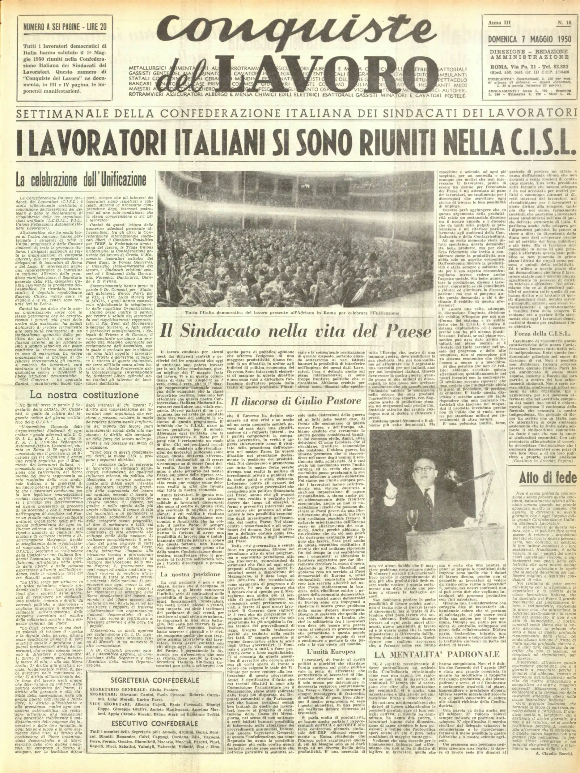Conquiste del Lavoro del 07/05/1950 N. 18 Anno 3