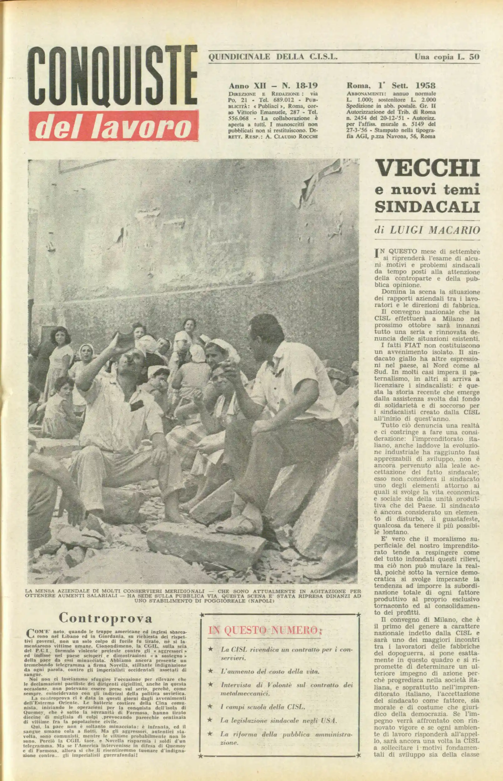 Conquiste del Lavoro del 01/09/1958 N. 18-19 Anno 11