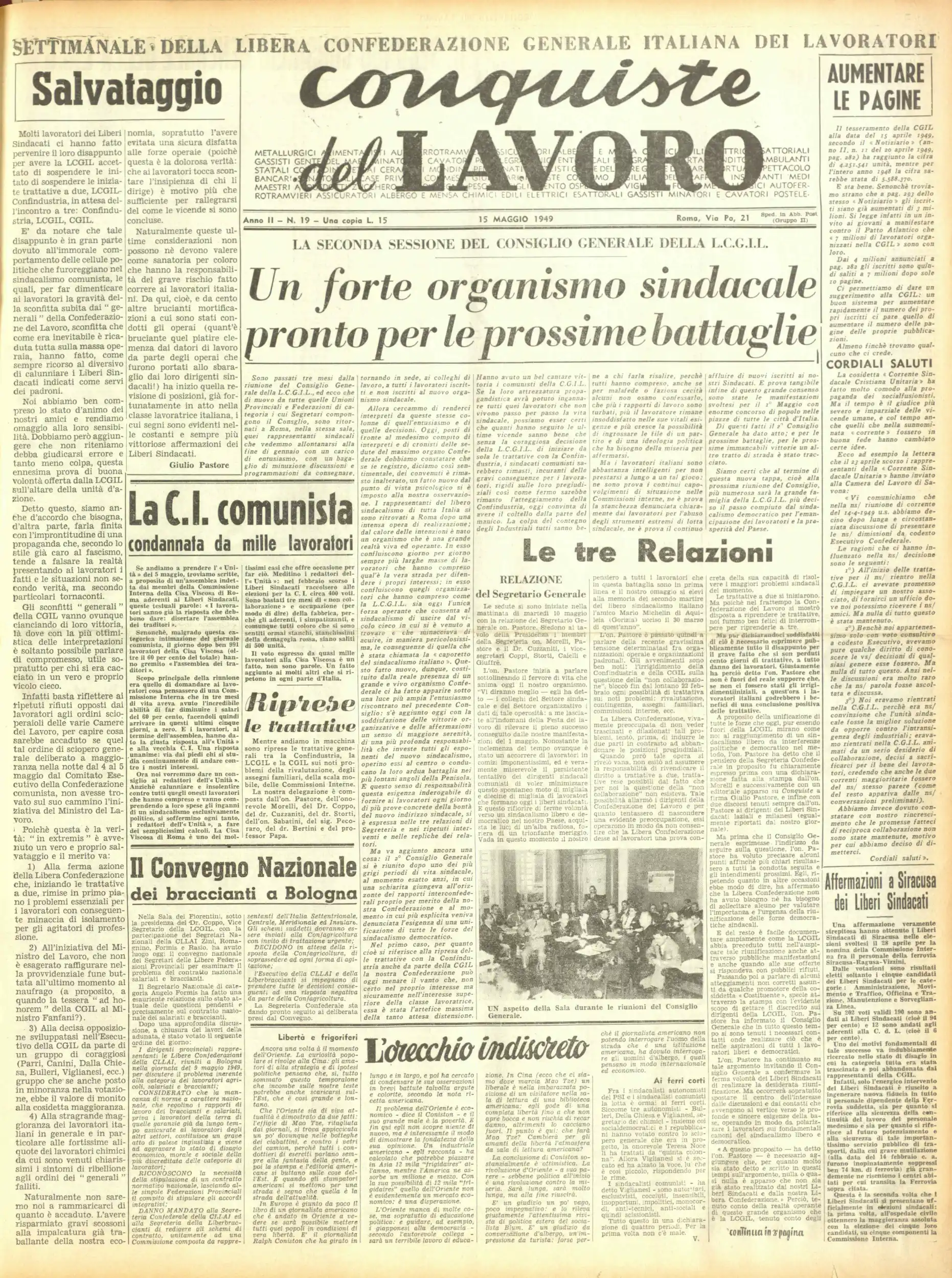Conquiste del Lavoro del 15/05/1949 N. 19 Anno 2